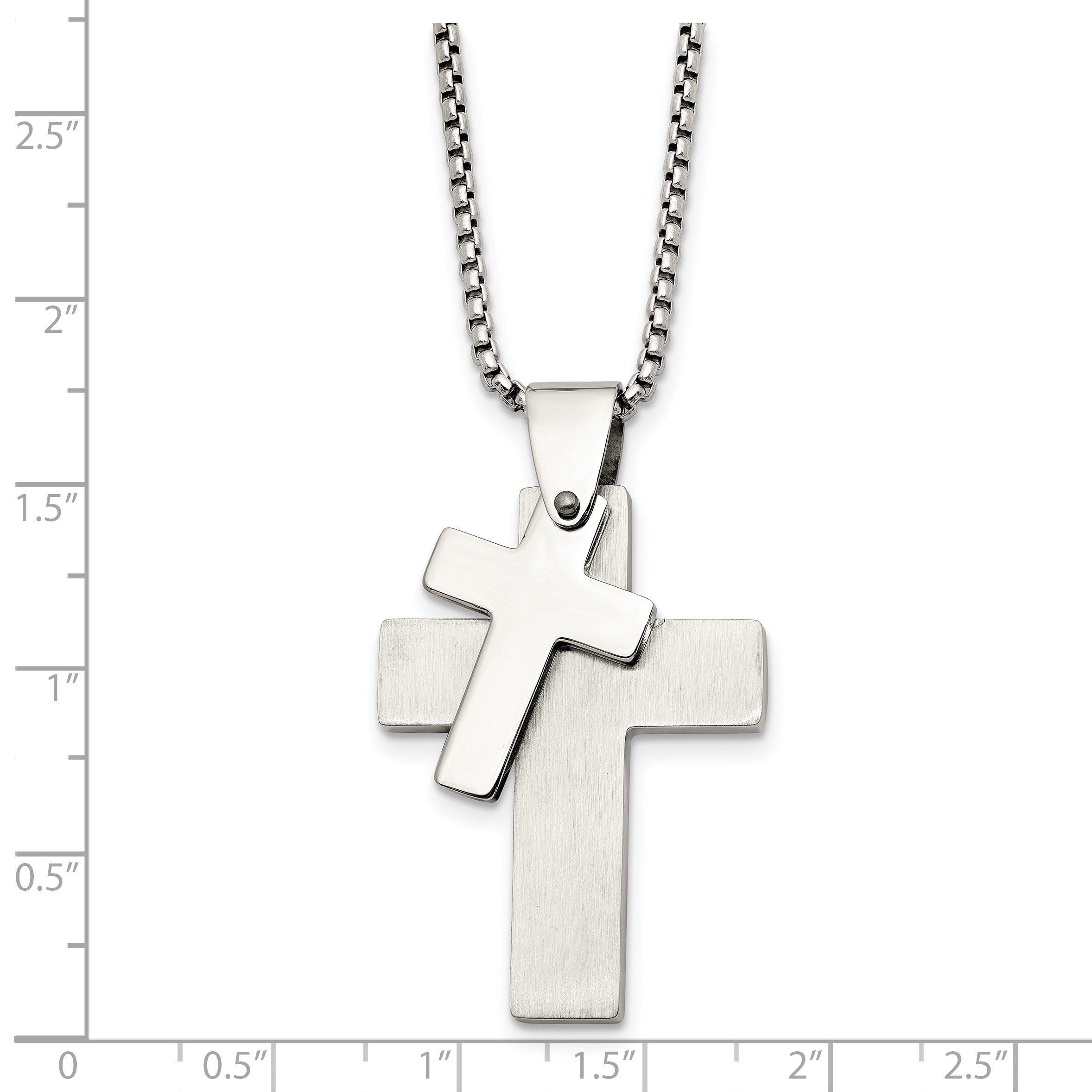 Chisel Stainless Steel Brushed and Polished Double Cross Pendant on a 24 inch Box Chain Necklace