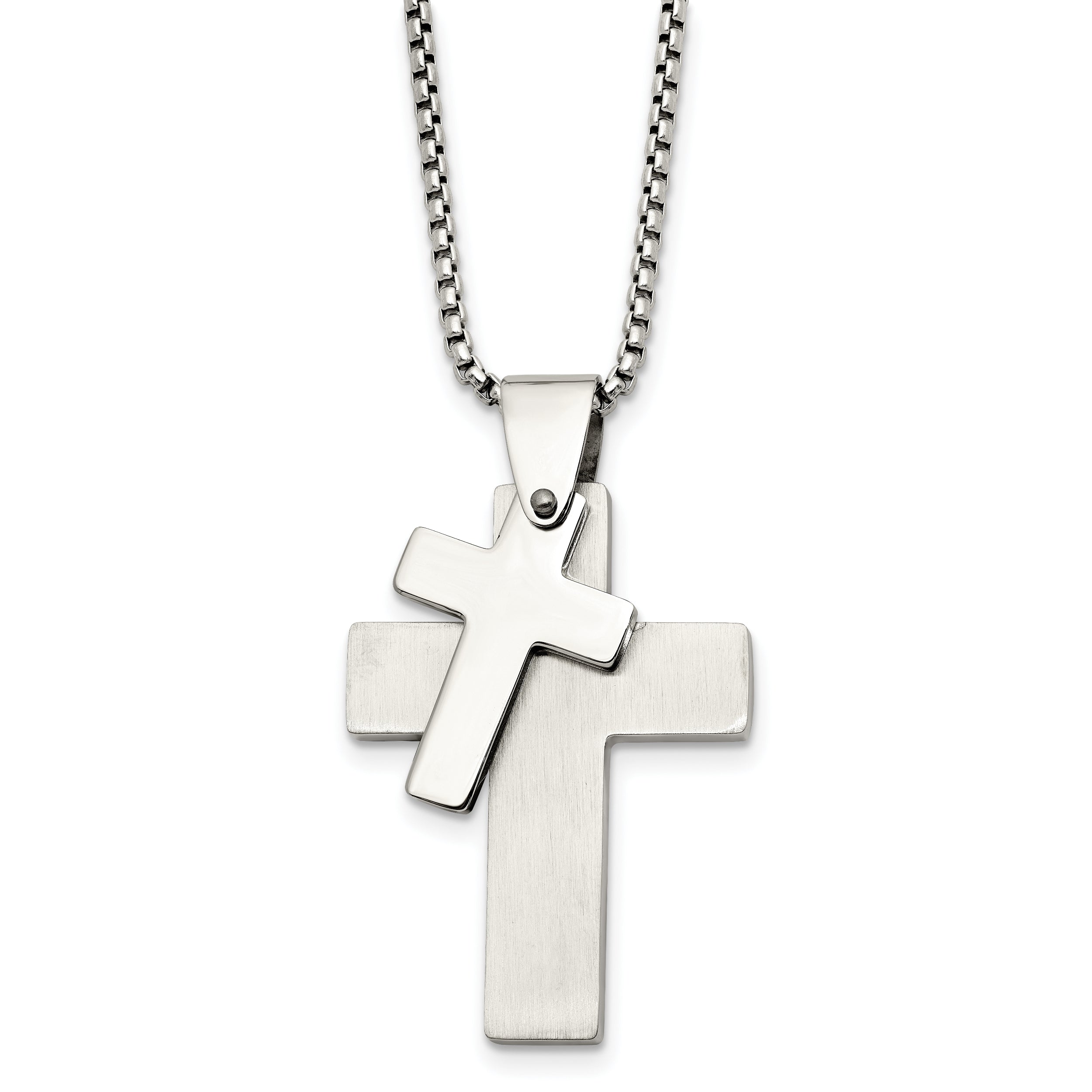 Chisel Stainless Steel Brushed and Polished Double Cross Pendant on a 24 inch Box Chain Necklace