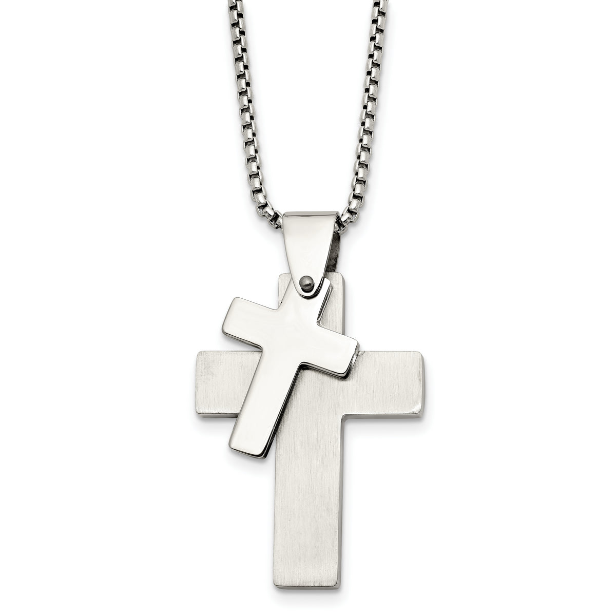 Chisel Stainless Steel Brushed and Polished Double Cross Pendant on a 24 inch Box Chain Necklace