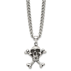 Chisel Stainless Steel Antiqued and Polished Skull and Crossbones Pendant on a 24 inch Curb Chain Necklace