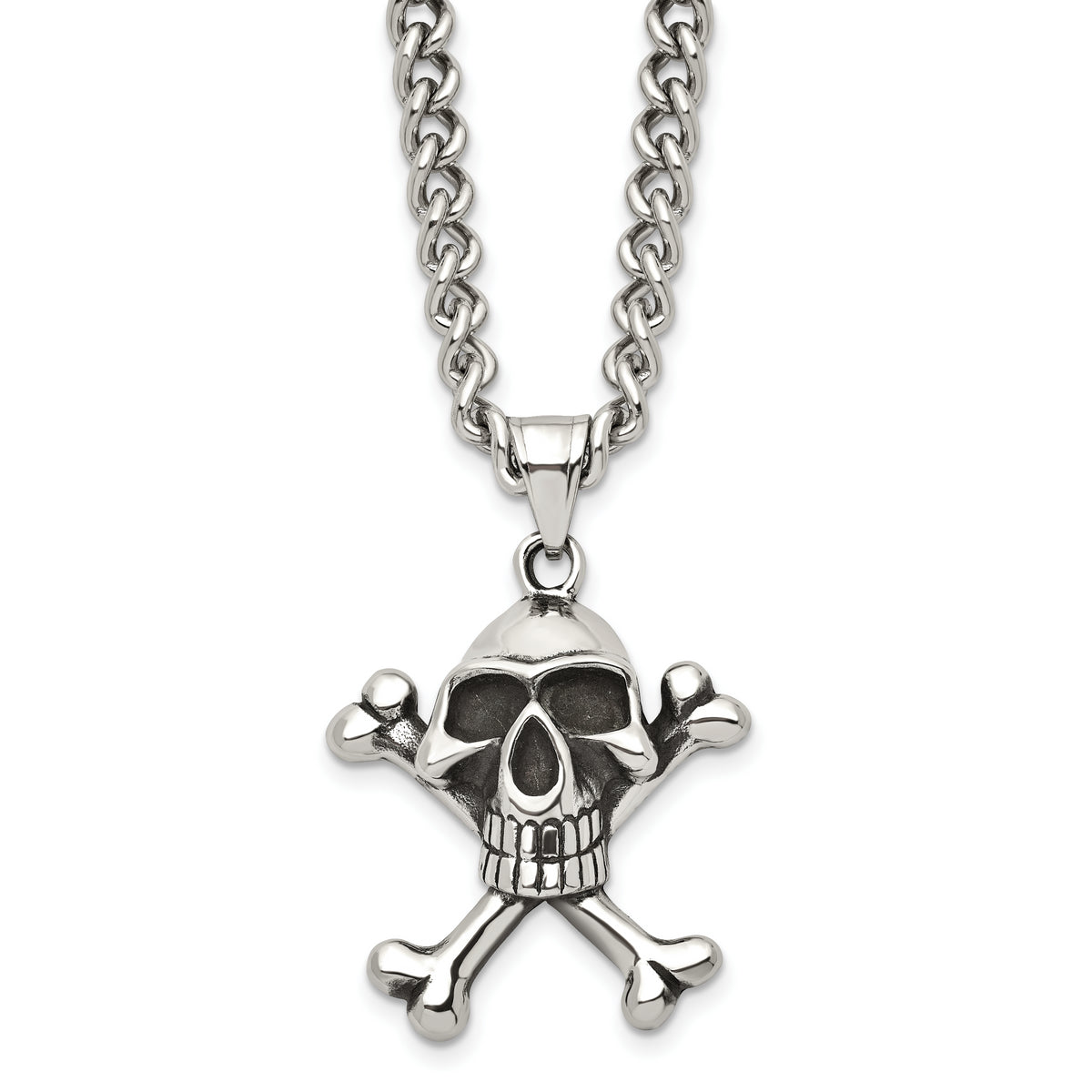 Chisel Stainless Steel Antiqued and Polished Skull and Crossbones Pendant on a 24 inch Curb Chain Necklace