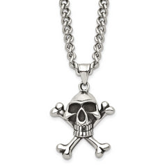 Chisel Stainless Steel Antiqued and Polished Skull and Crossbones Pendant on a 24 inch Curb Chain Necklace