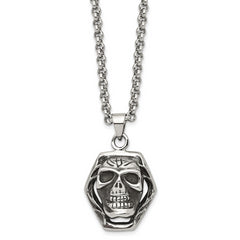 Chisel Stainless Steel Antiqued and Polished Skull Pendant on a 24 inch Cable Chain Necklace