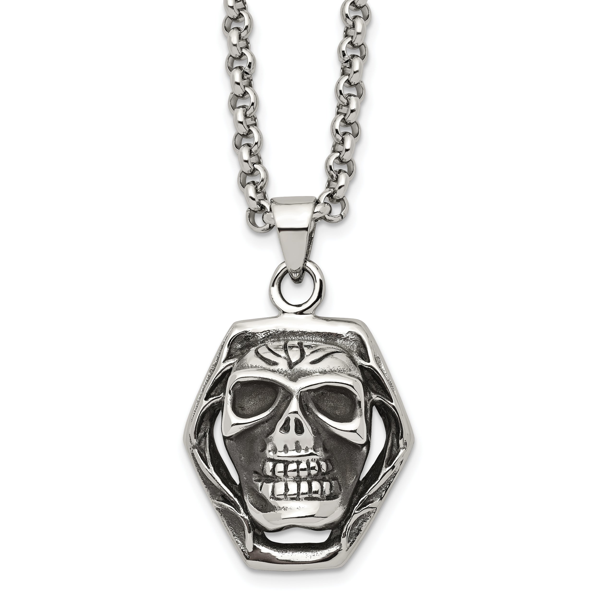 Chisel Stainless Steel Antiqued and Polished Skull Pendant on a 24 inch Cable Chain Necklace