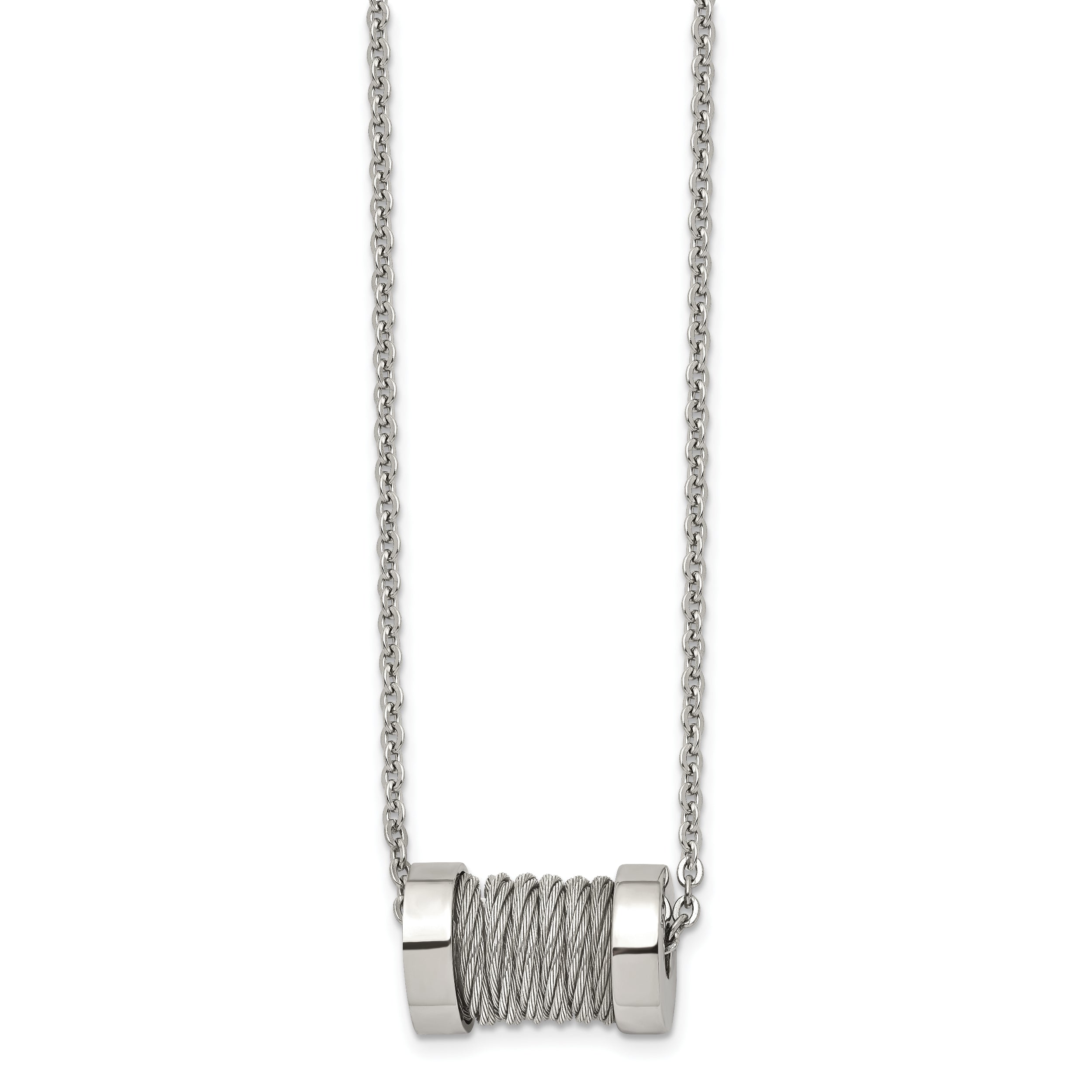 Stainless Steel Brushed and Polished Wire Barrel 24in Necklace