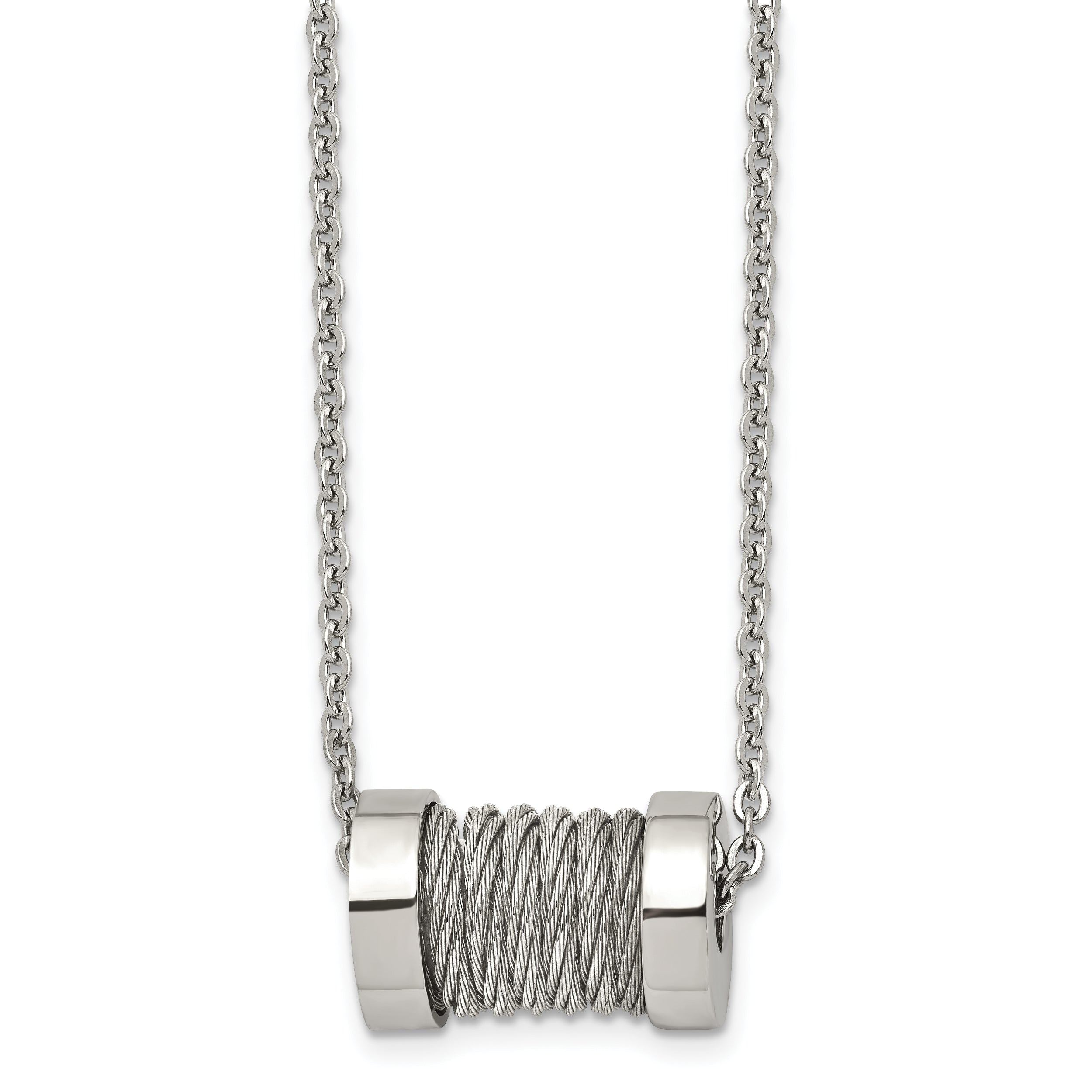 Stainless Steel Brushed and Polished Wire Barrel 24in Necklace