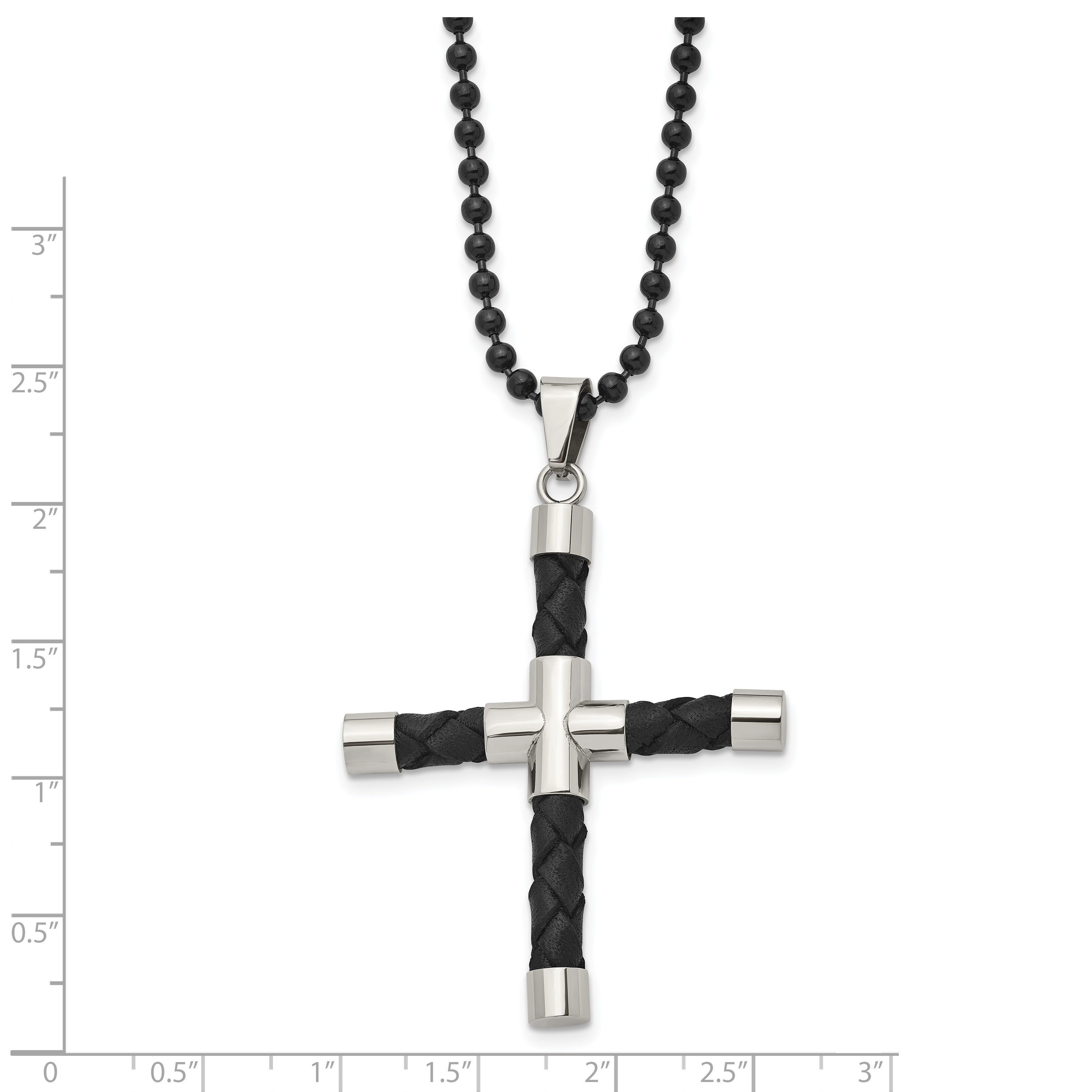 Stainless Steel Polished Black IP w/Black Leather Cross 24in Necklace