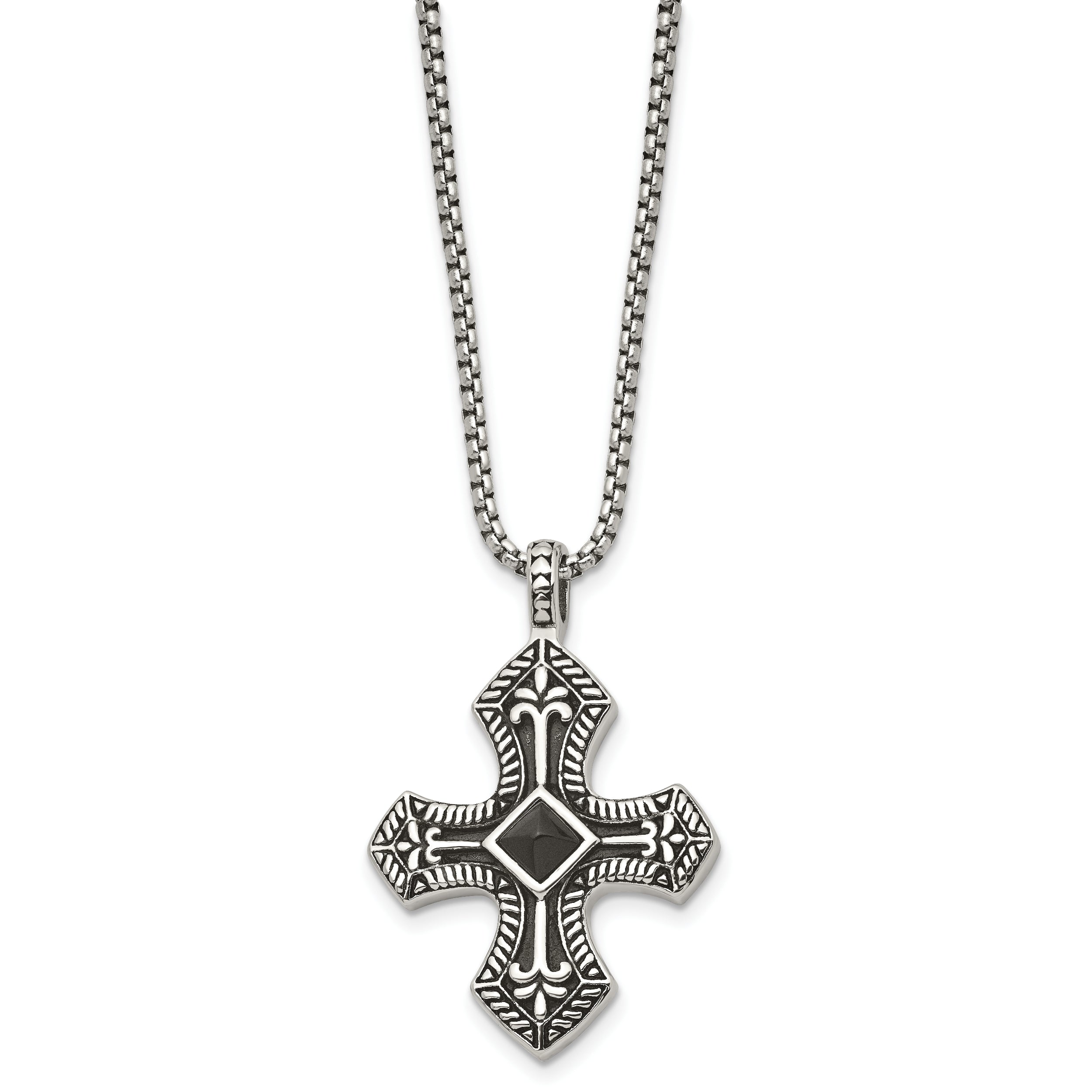 Stainless Steel Antiqued and Brushed w/Black Agate Cross 24in Necklace