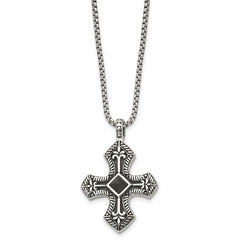 Stainless Steel Antiqued and Brushed w/Black Agate Cross 24in Necklace