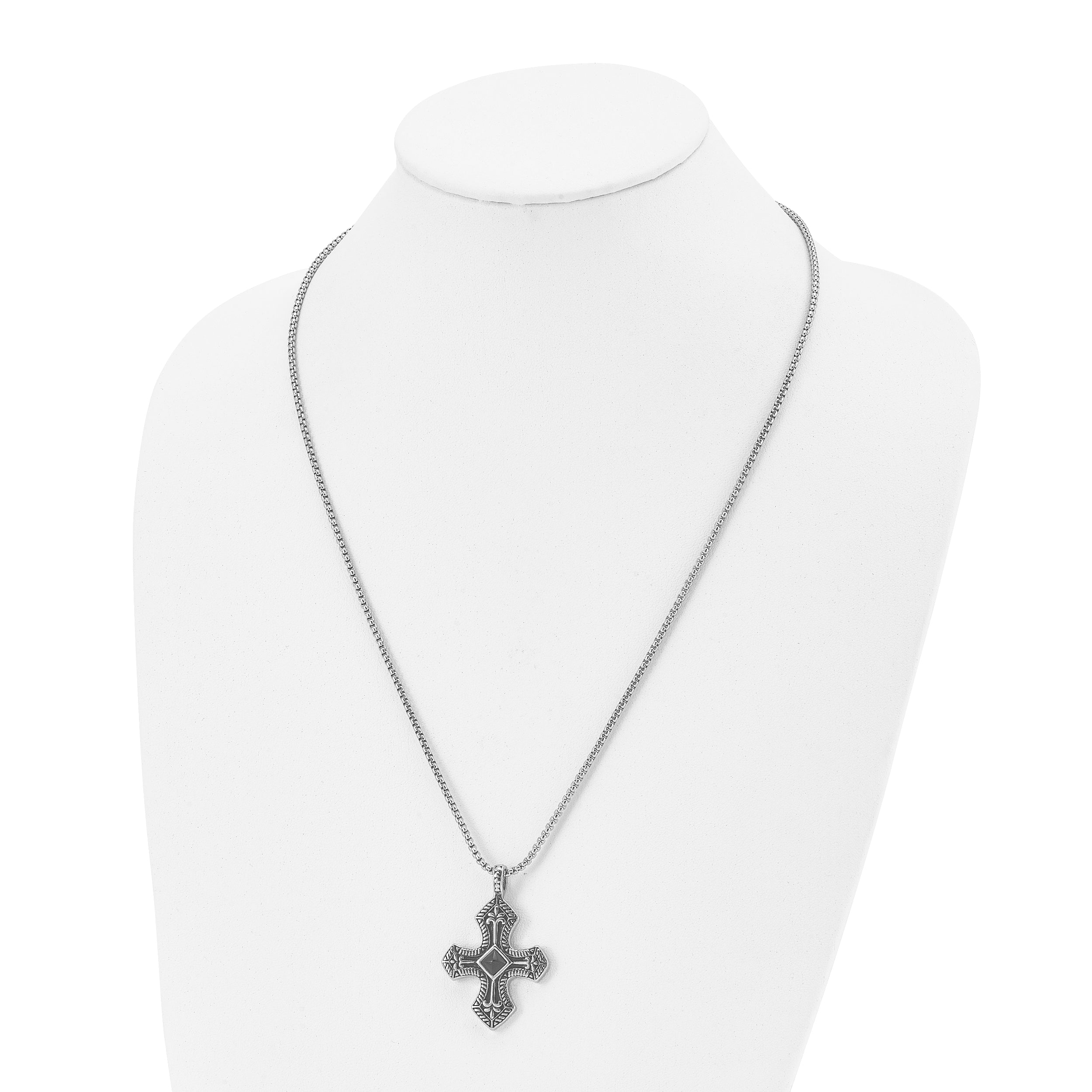 Stainless Steel Antiqued and Brushed w/Black Agate Cross 24in Necklace