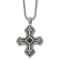 Stainless Steel Antiqued and Brushed w/Black Agate Cross 24in Necklace