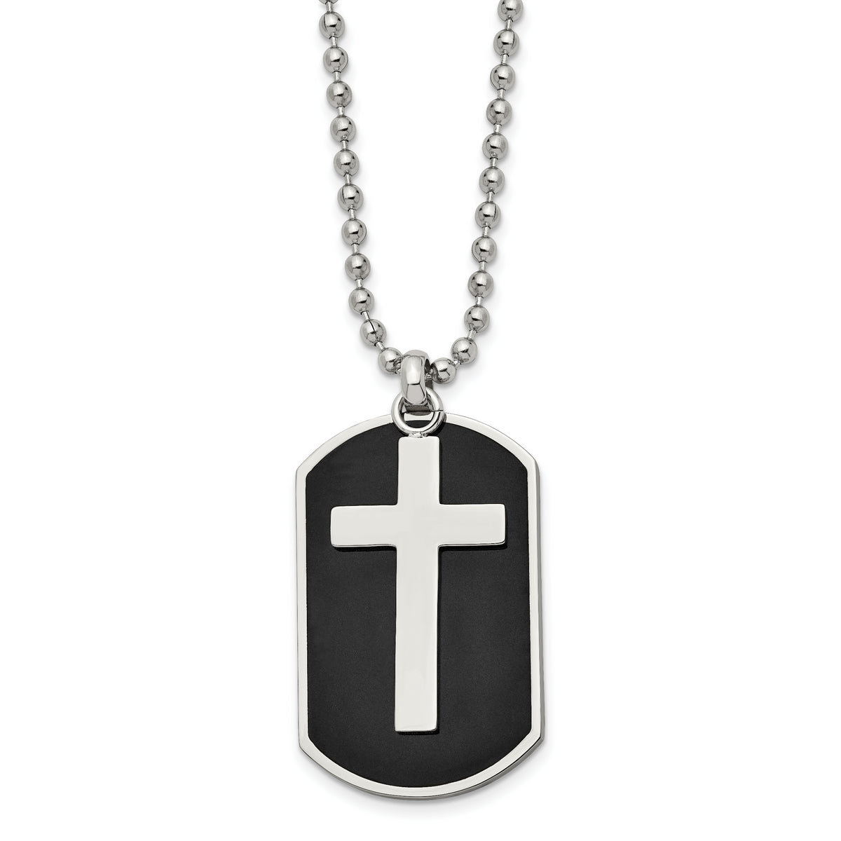 Chisel Stainless Steel Polished Black IP-plated 2 Piece Cross Dog Tag on a 24 inch Ball Chain Necklace