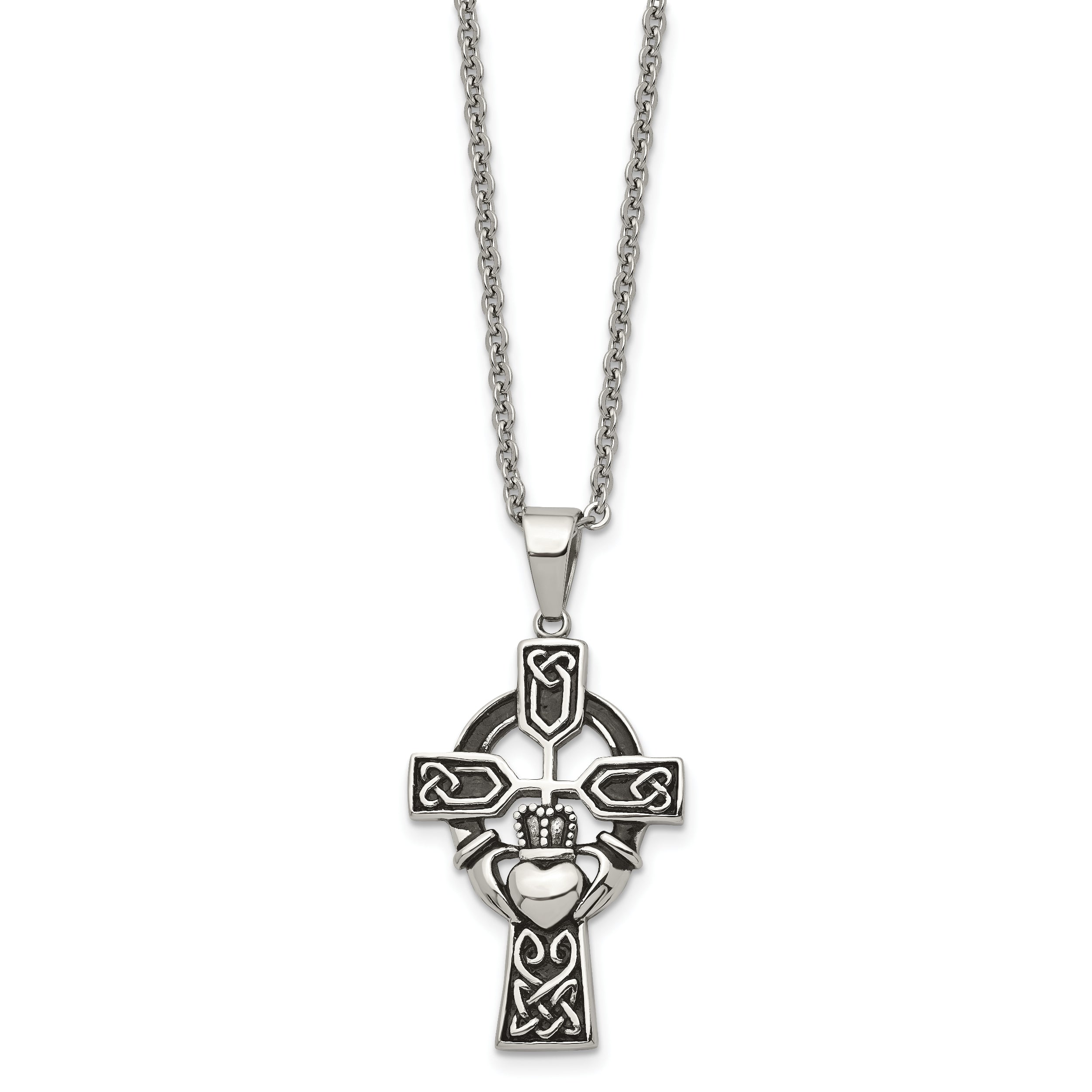 Chisel Stainless Steel Antiqued and Polished Claddagh Cross Pendant on a 20 inch Cable Chain Necklace