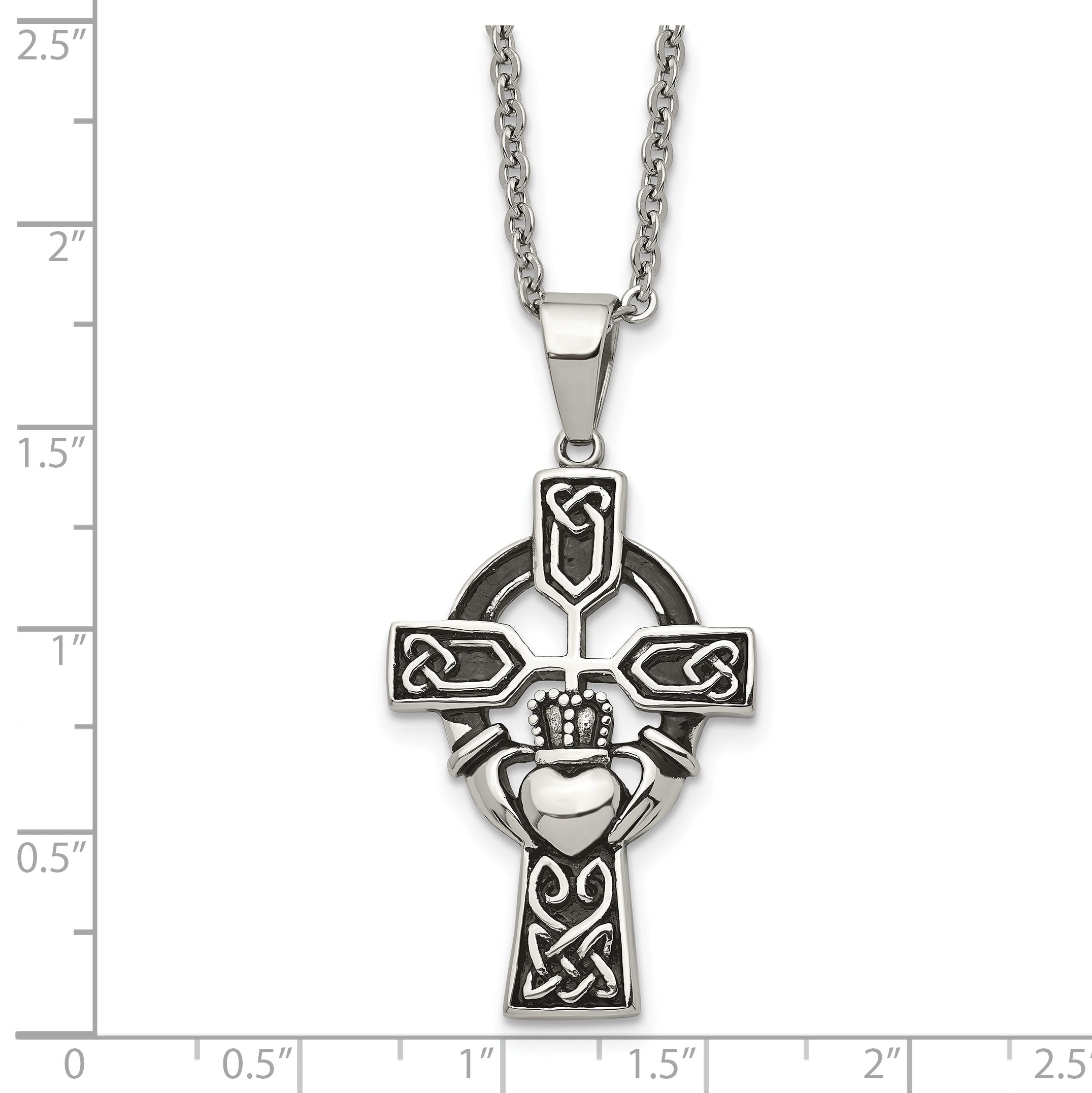 Chisel Stainless Steel Antiqued and Polished Claddagh Cross Pendant on a 20 inch Cable Chain Necklace