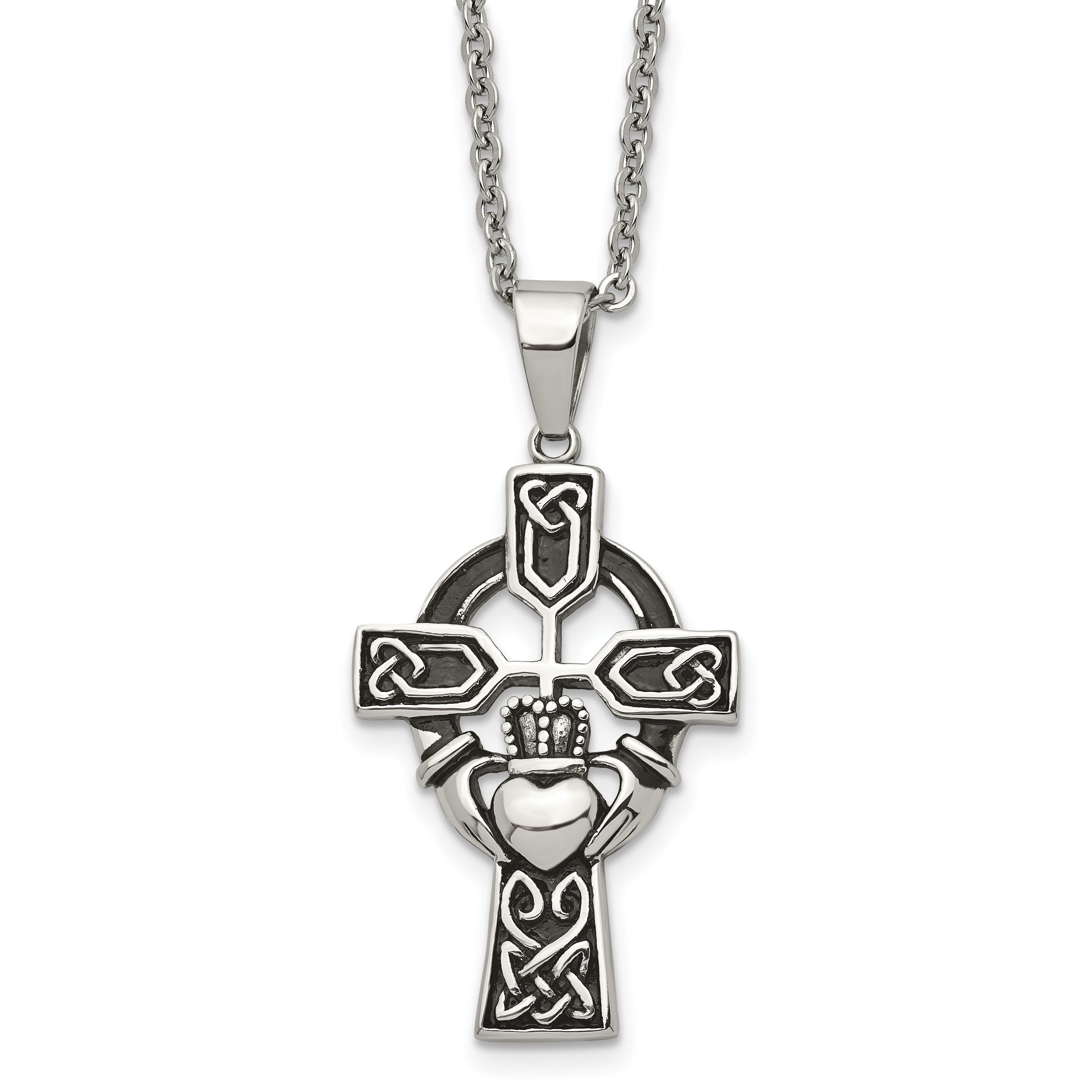 Chisel Stainless Steel Antiqued and Polished Claddagh Cross Pendant on a 20 inch Cable Chain Necklace