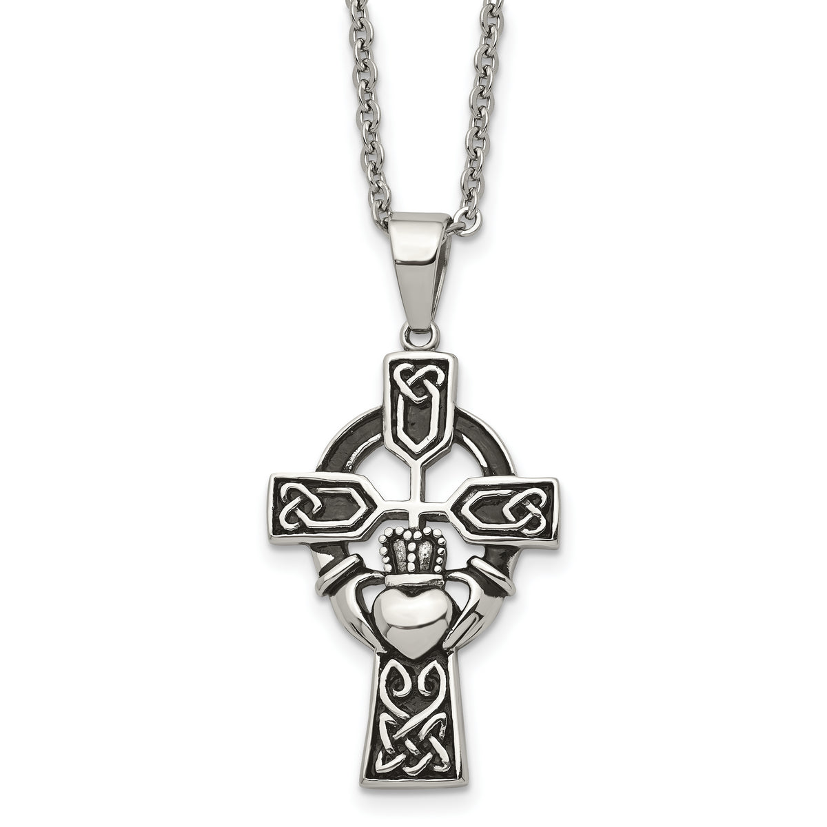 Chisel Stainless Steel Antiqued and Polished Claddagh Cross Pendant on a 20 inch Cable Chain Necklace