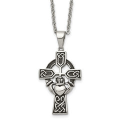 Chisel Stainless Steel Antiqued and Polished Claddagh Cross Pendant on a 20 inch Cable Chain Necklace