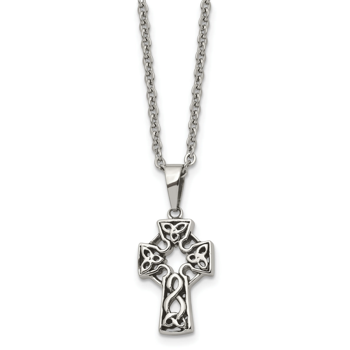 Chisel Stainless Steel Antiqued and Brushed Celtic Cross Pendant on an 18 inch Cable Chain Necklace