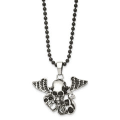 Stainless Steel Antiqued & Polished Black IP Skulls w/Wings 24in Necklace