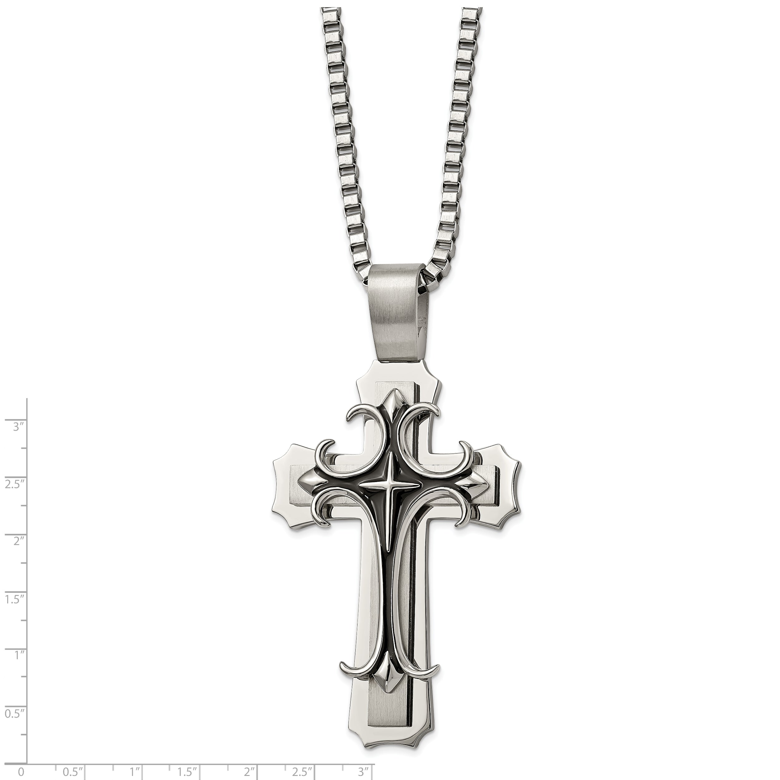 Chisel Stainless Steel Brushed and Polished with Black Enamel Large Cross Pendant on a 24 inch Box Chain Necklace