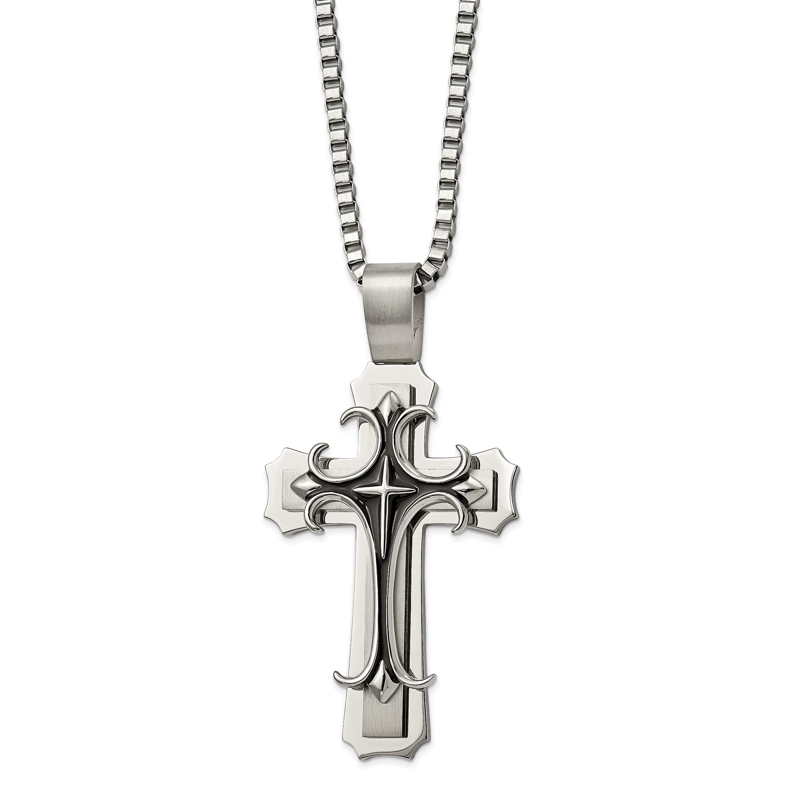 Chisel Stainless Steel Brushed and Polished with Black Enamel Large Cross Pendant on a 24 inch Box Chain Necklace