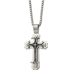 Chisel Stainless Steel Brushed and Polished with Black Enamel Large Cross Pendant on a 24 inch Box Chain Necklace