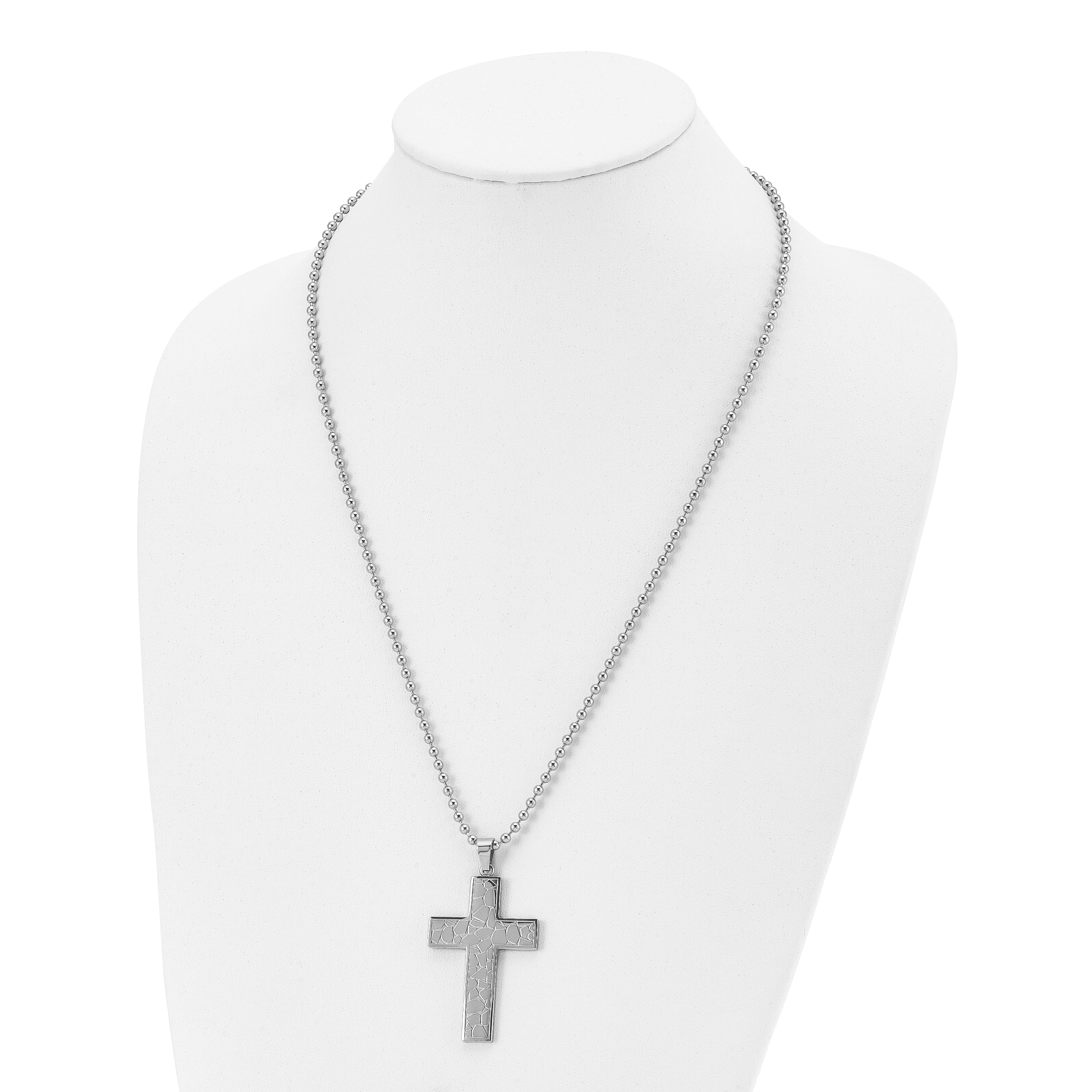 Chisel Stainless Steel Polished and Textured Cross Pendant on a 24 inch Ball Chain Necklace