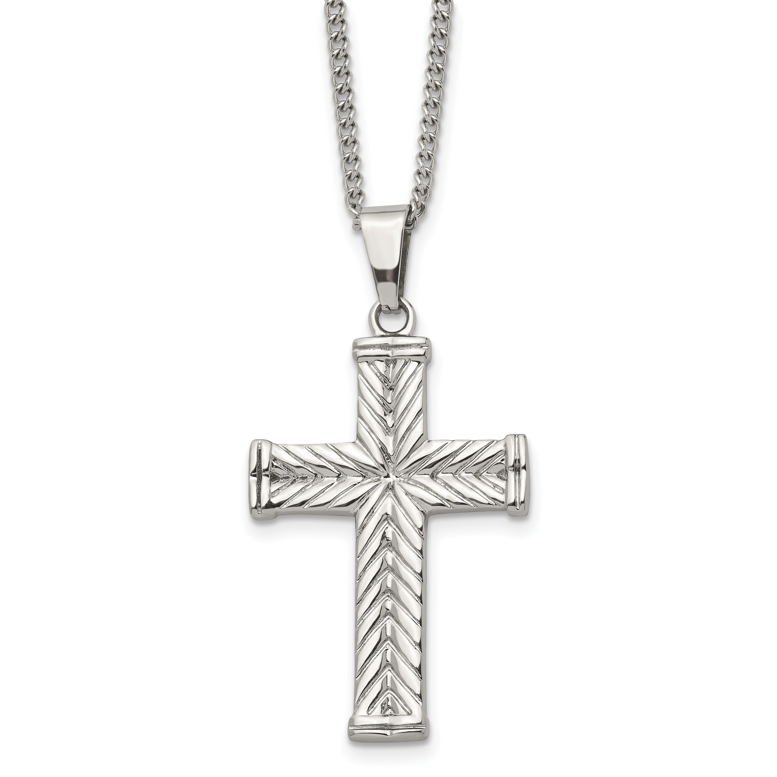 Chisel Stainless Steel Polished and Textured Cross Pendant on a 22 inch Curb Chain Necklace