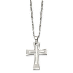 Chisel Stainless Steel Brushed and Polished Cross Pendant on a 24 inch Cable Chain Necklace