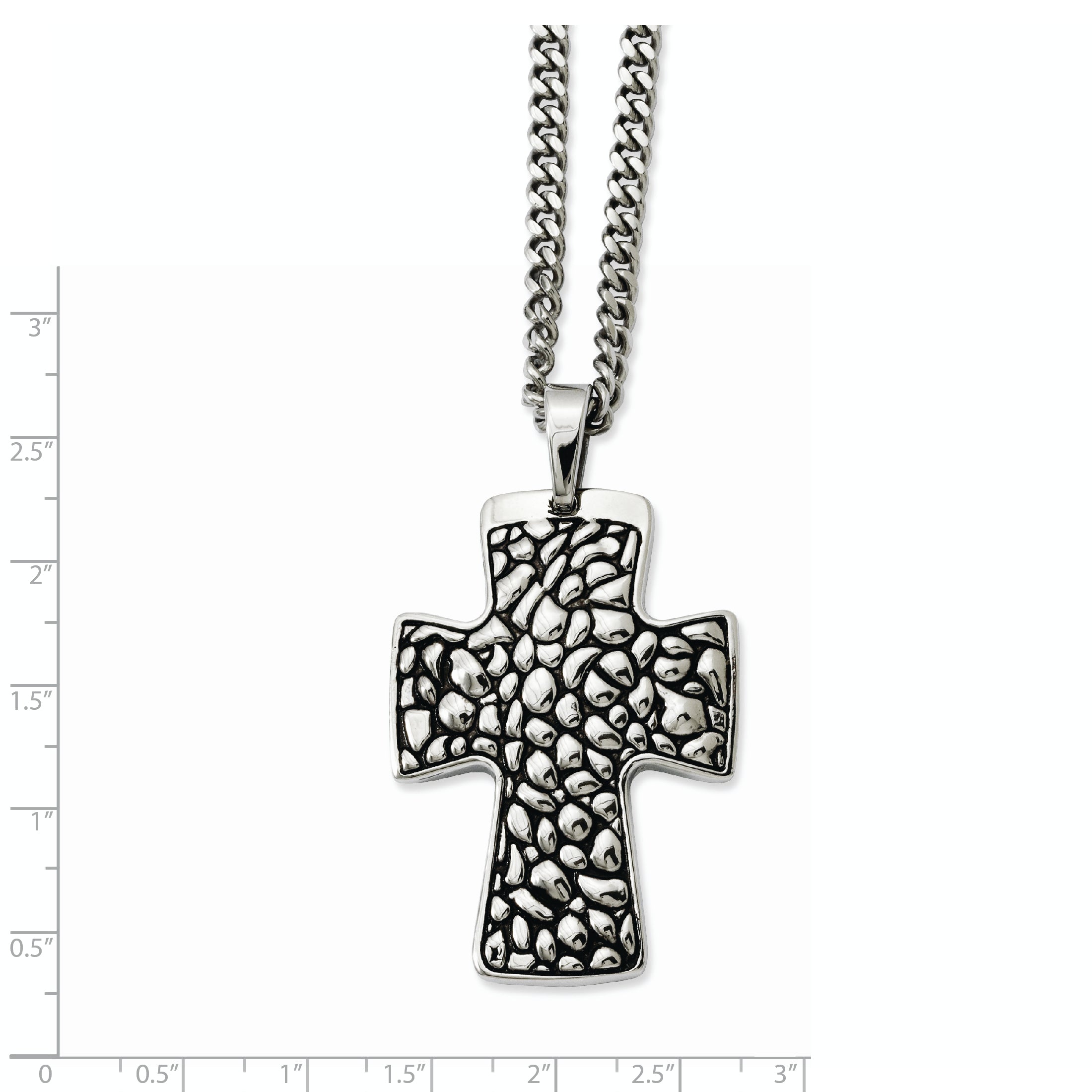 Stainless Steel Black Enamel Pebble Textured Cross Pendant Necklace