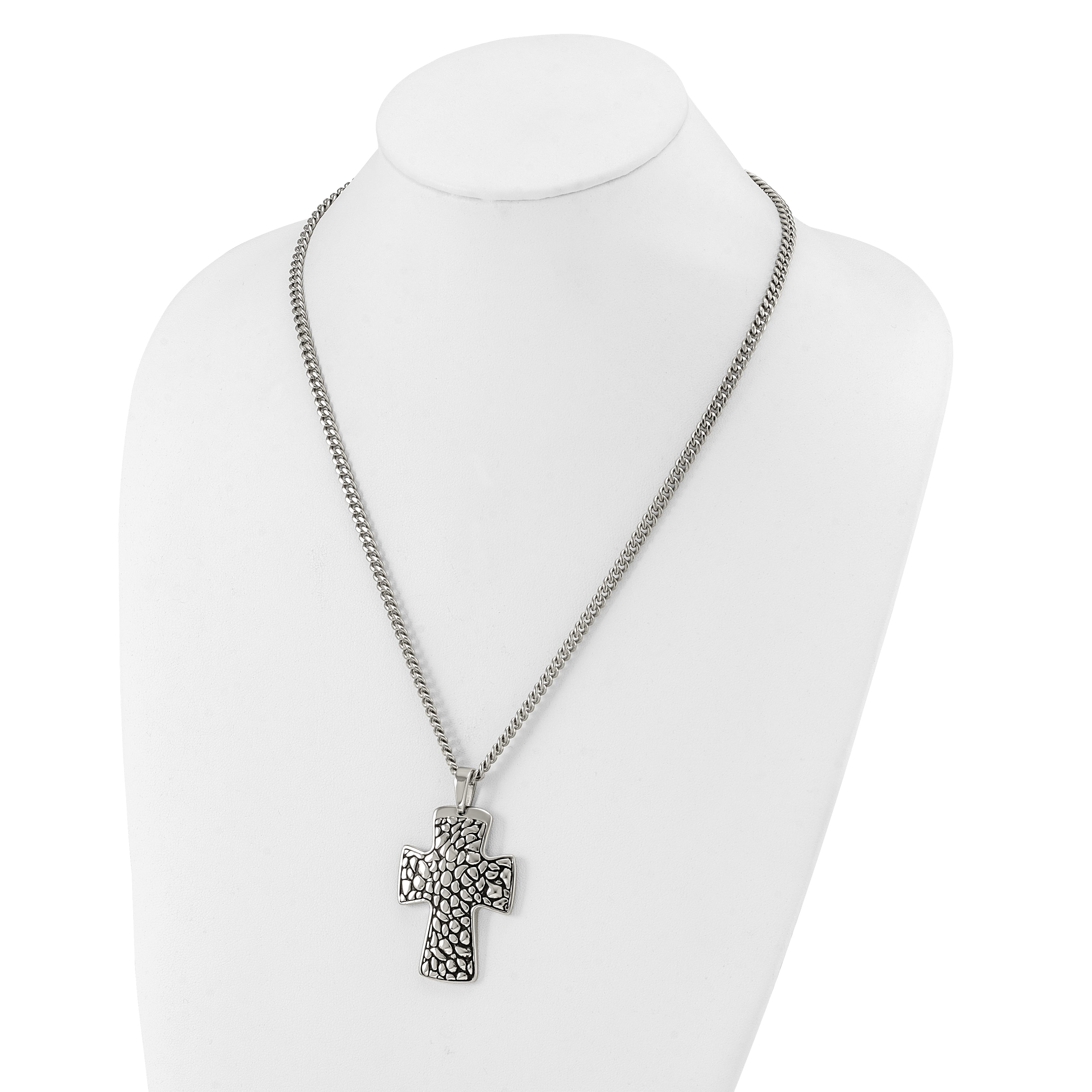 Stainless Steel Black Enamel Pebble Textured Cross Pendant Necklace