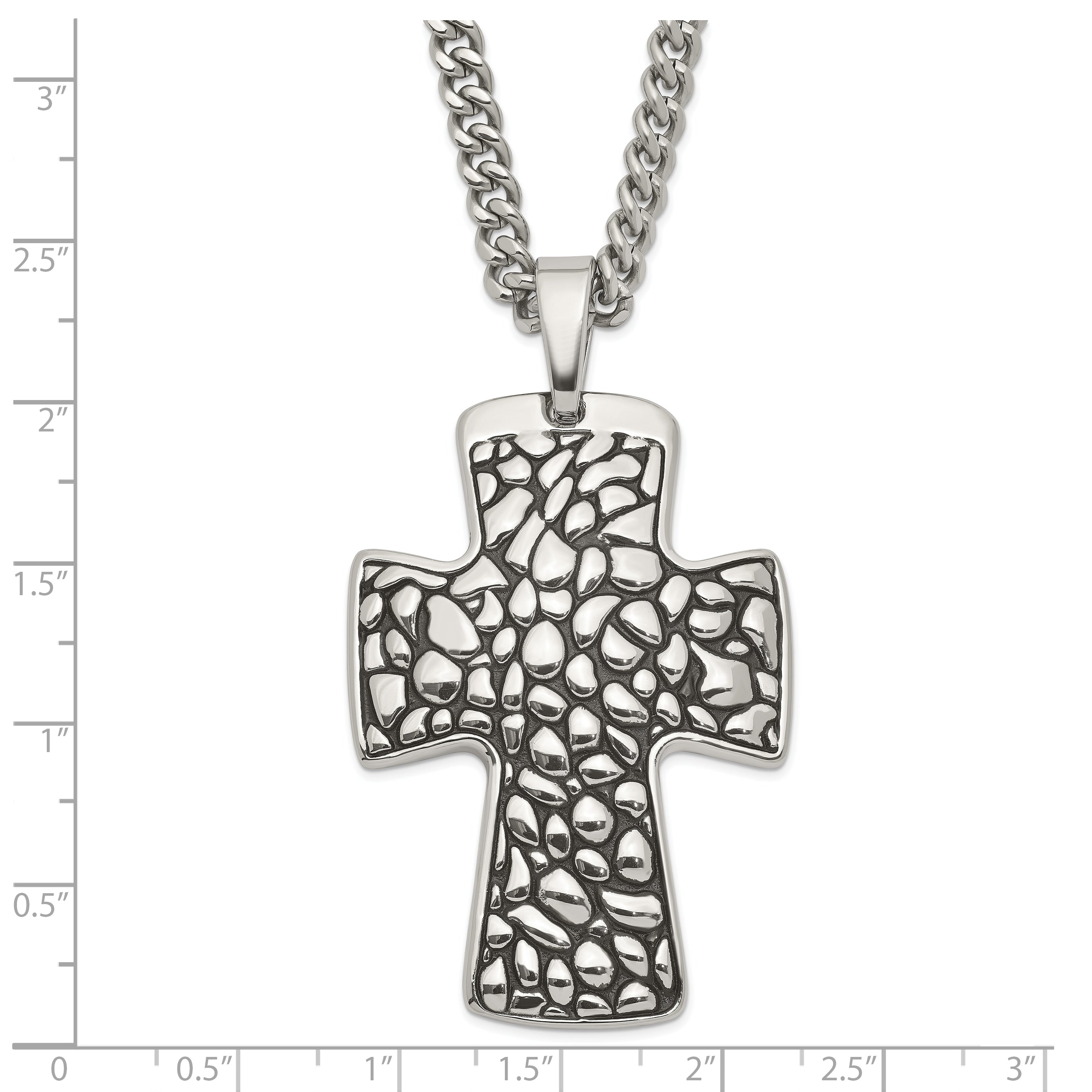 Stainless Steel Black Enamel Pebble Textured Cross Pendant Necklace