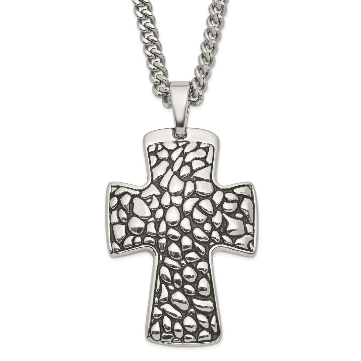 Stainless Steel Black Enamel Pebble Textured Cross Pendant Necklace