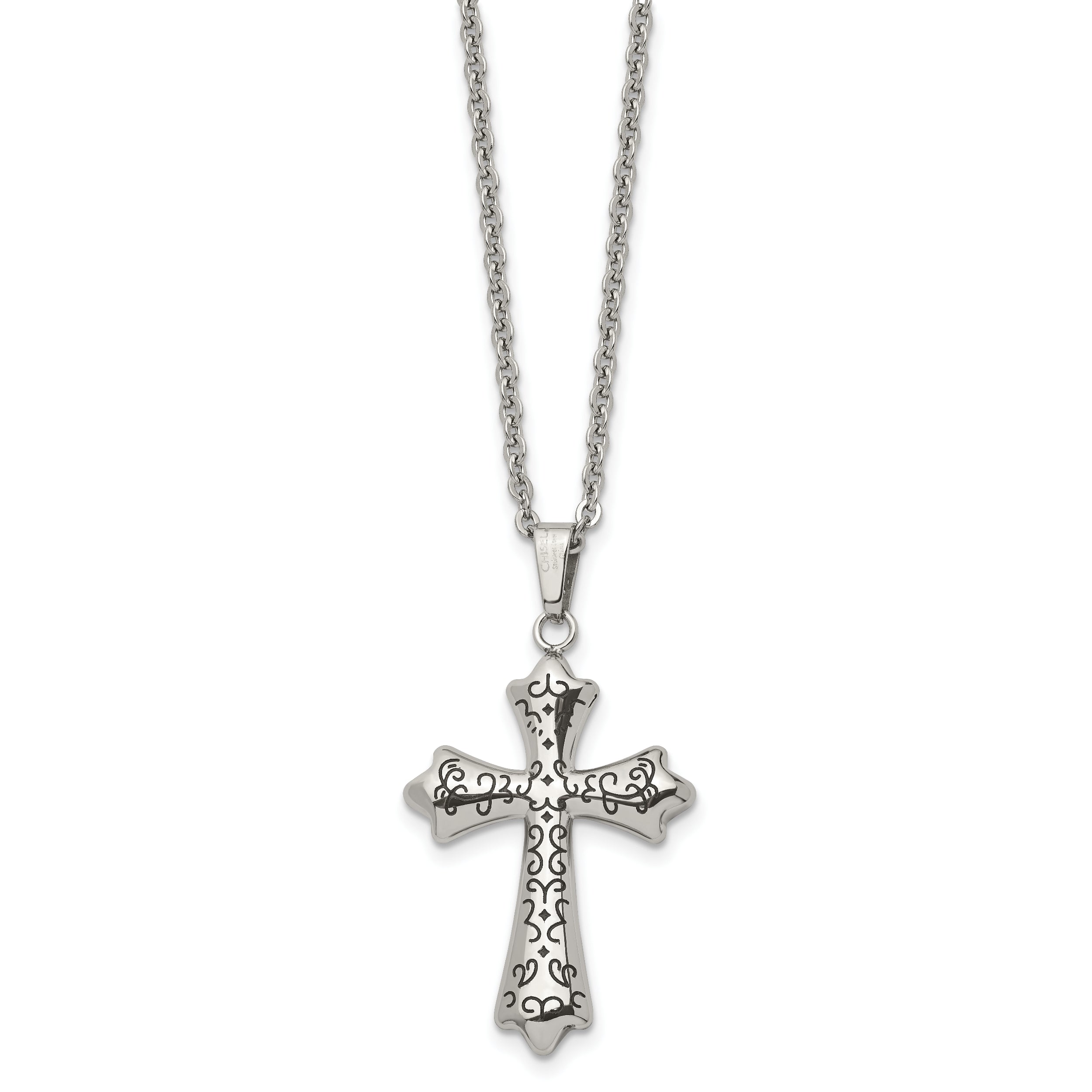 Chisel Stainless Steel Antiqued and Polished Cross Pendant on a 20 inch Cable Chain Necklace