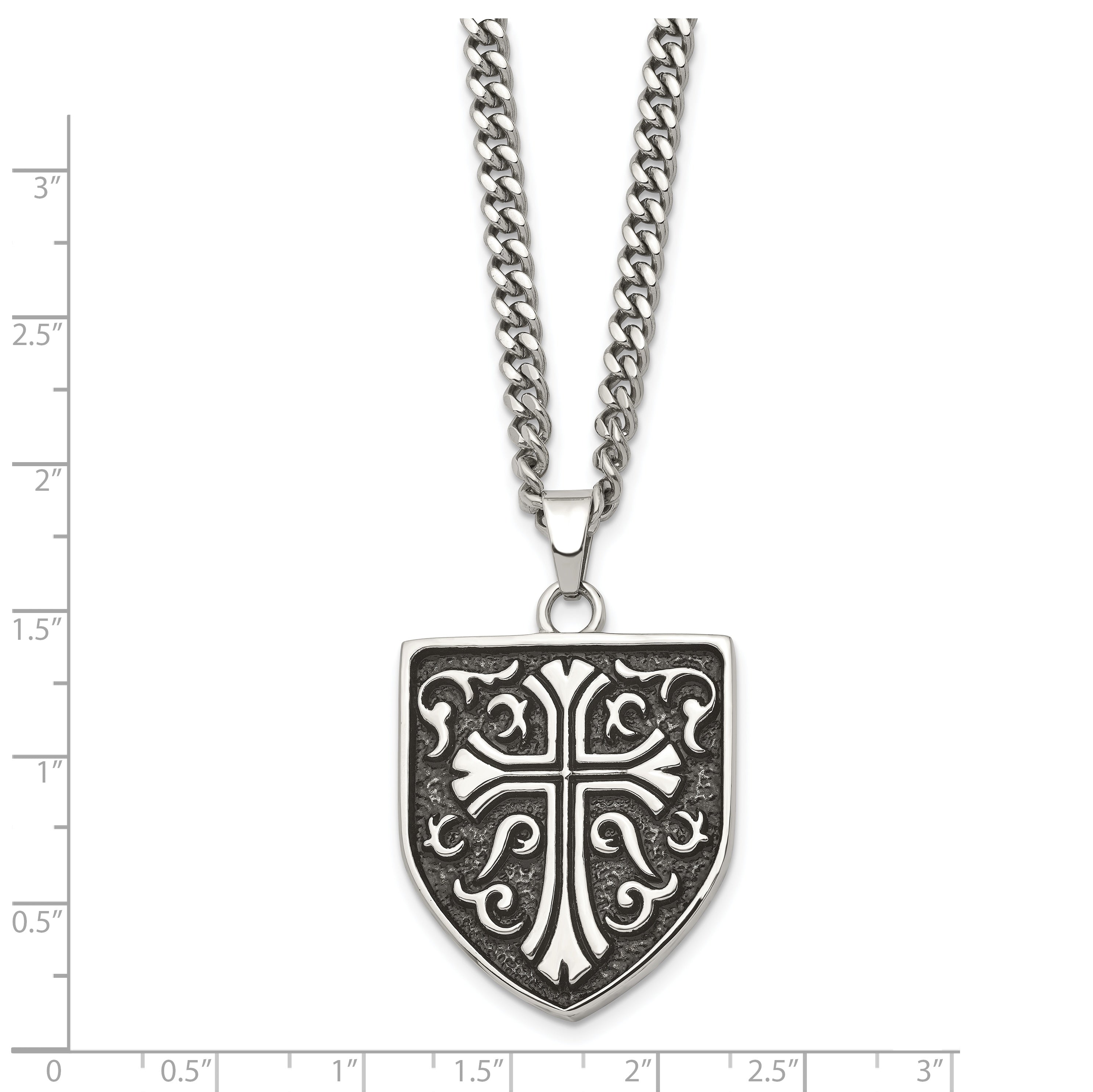 Chisel Stainless Steel Antiqued Polished and Textured Cross Shield Pendant on a 24 inch Curb Chain Necklace