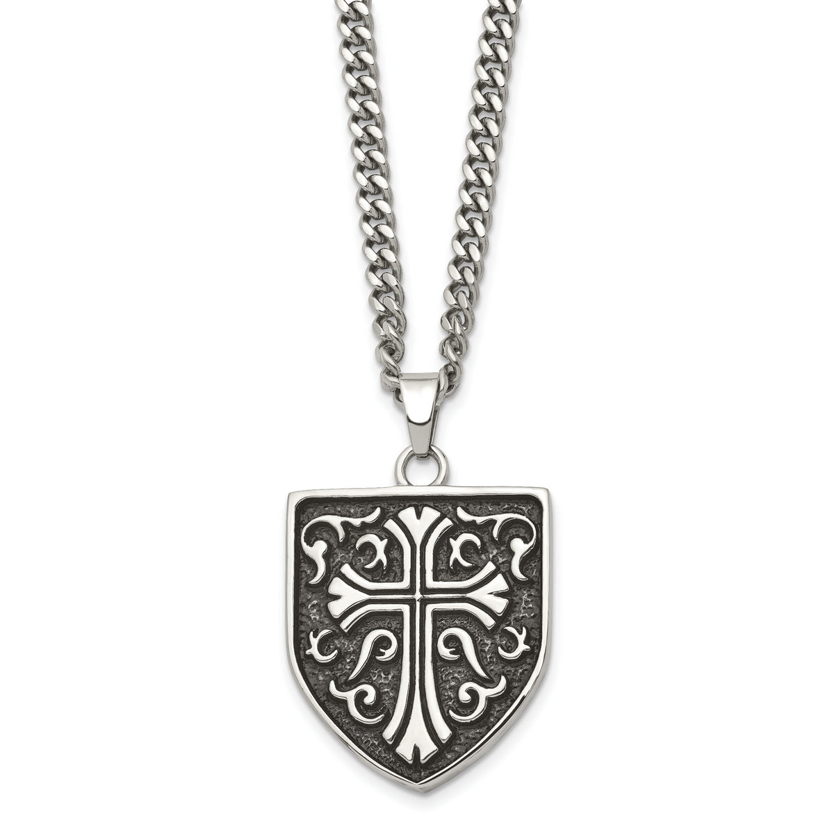 Chisel Stainless Steel Antiqued Polished and Textured Cross Shield Pendant on a 24 inch Curb Chain Necklace