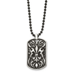 Stainless Steel Antiqued and Polished Black IP Fleur de lis Dog Tag Necklac