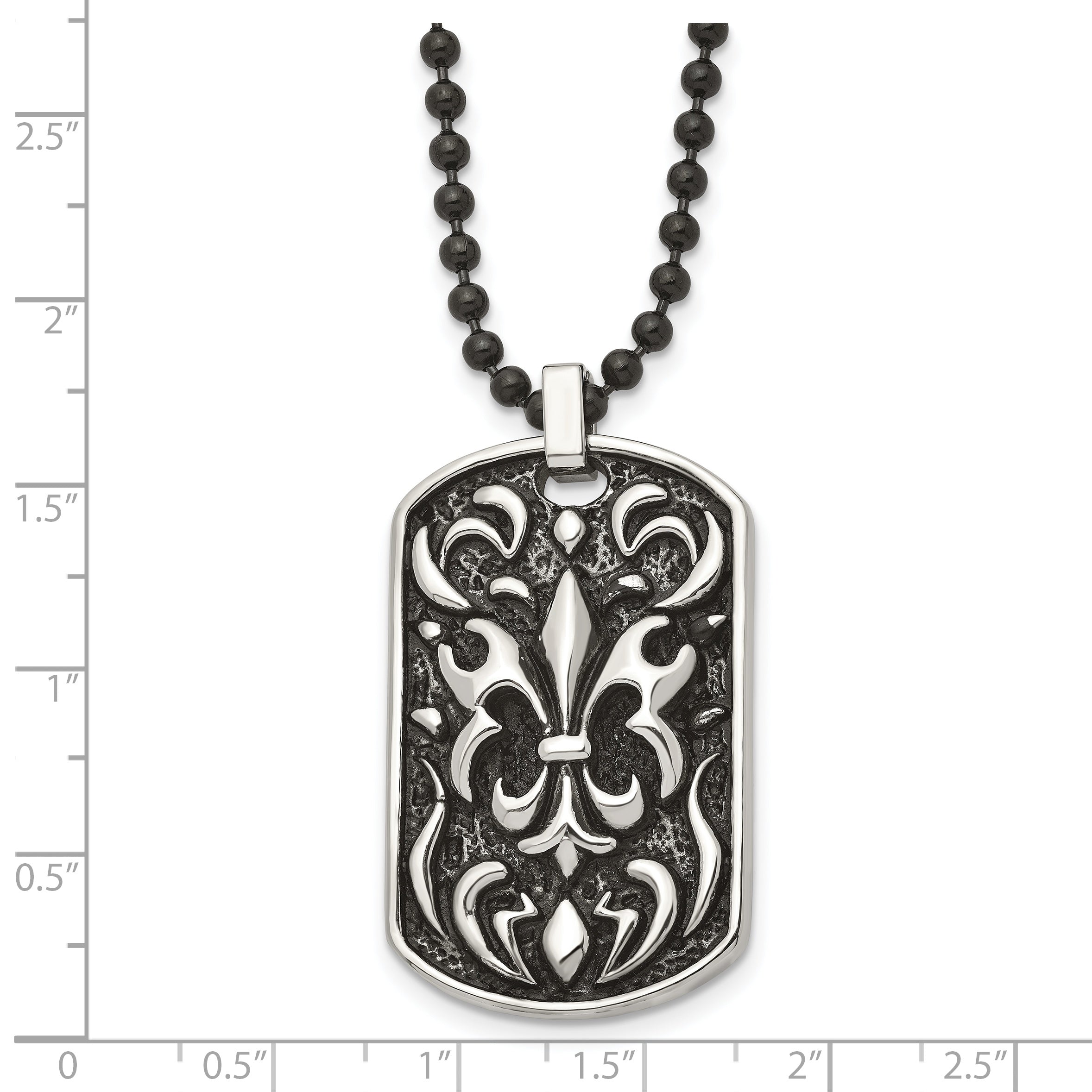 Stainless Steel Antiqued and Polished Black IP Fleur de lis Dog Tag Necklac