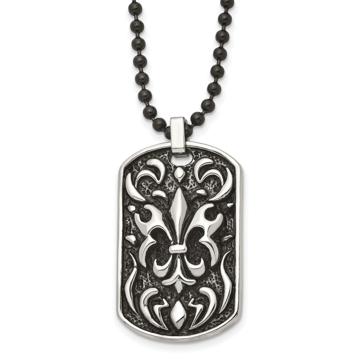 Stainless Steel Antiqued and Polished Black IP Fleur de lis Dog Tag Necklac