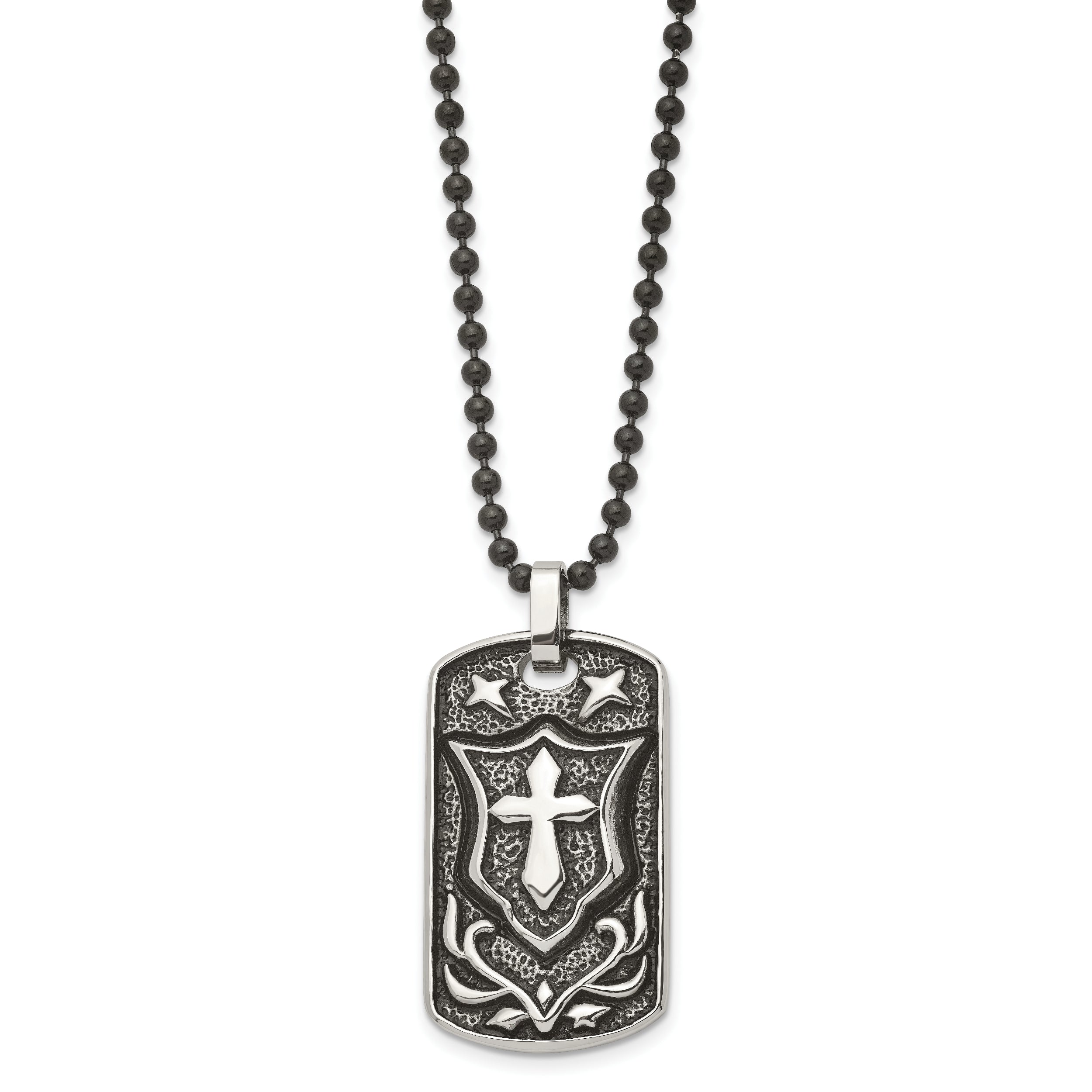 Chisel Stainless Steel Antiqued Polished and Textured Cross Dog Tag on a 24 inch Ball Chain Necklace