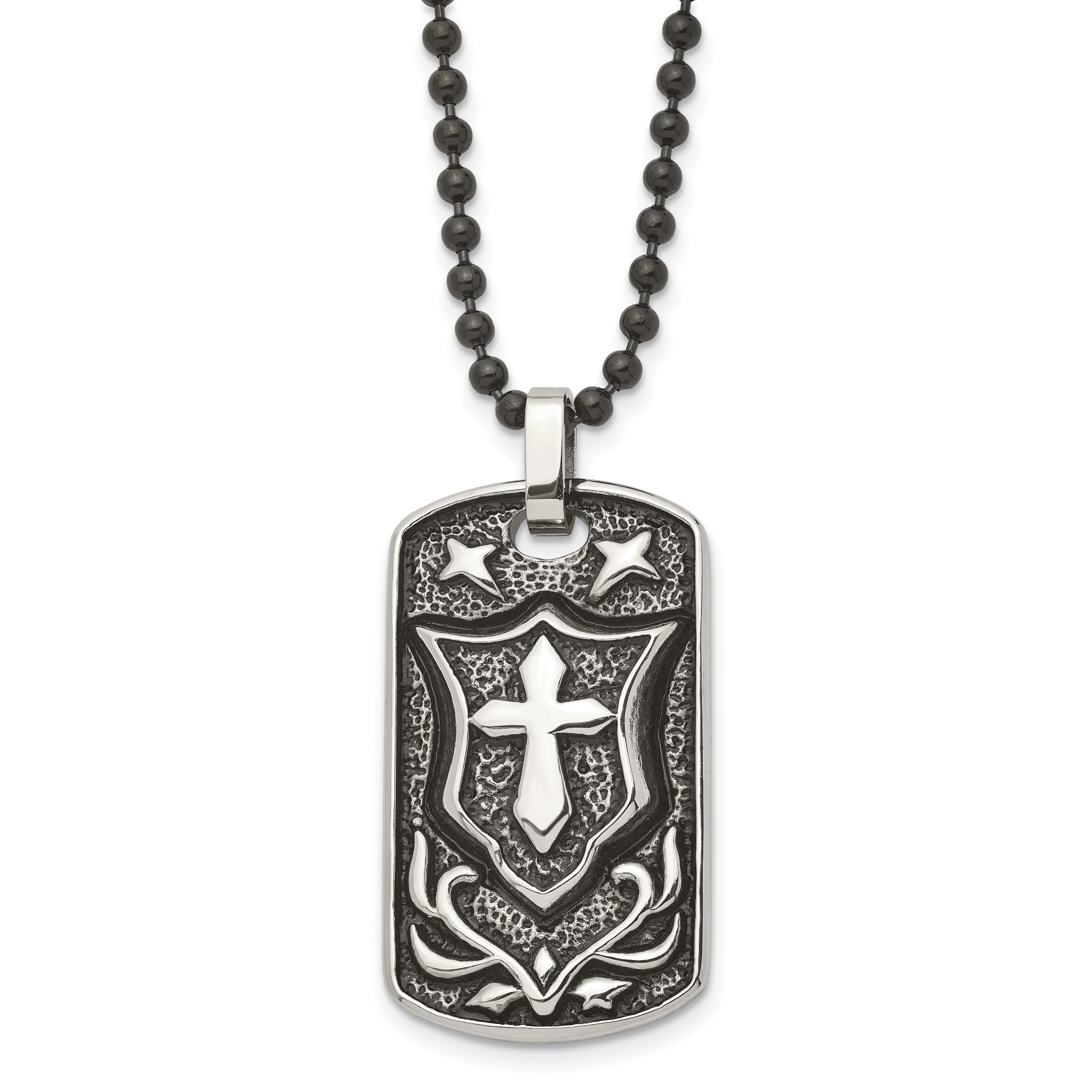 Chisel Stainless Steel Antiqued Polished and Textured Cross Dog Tag on a 24 inch Ball Chain Necklace