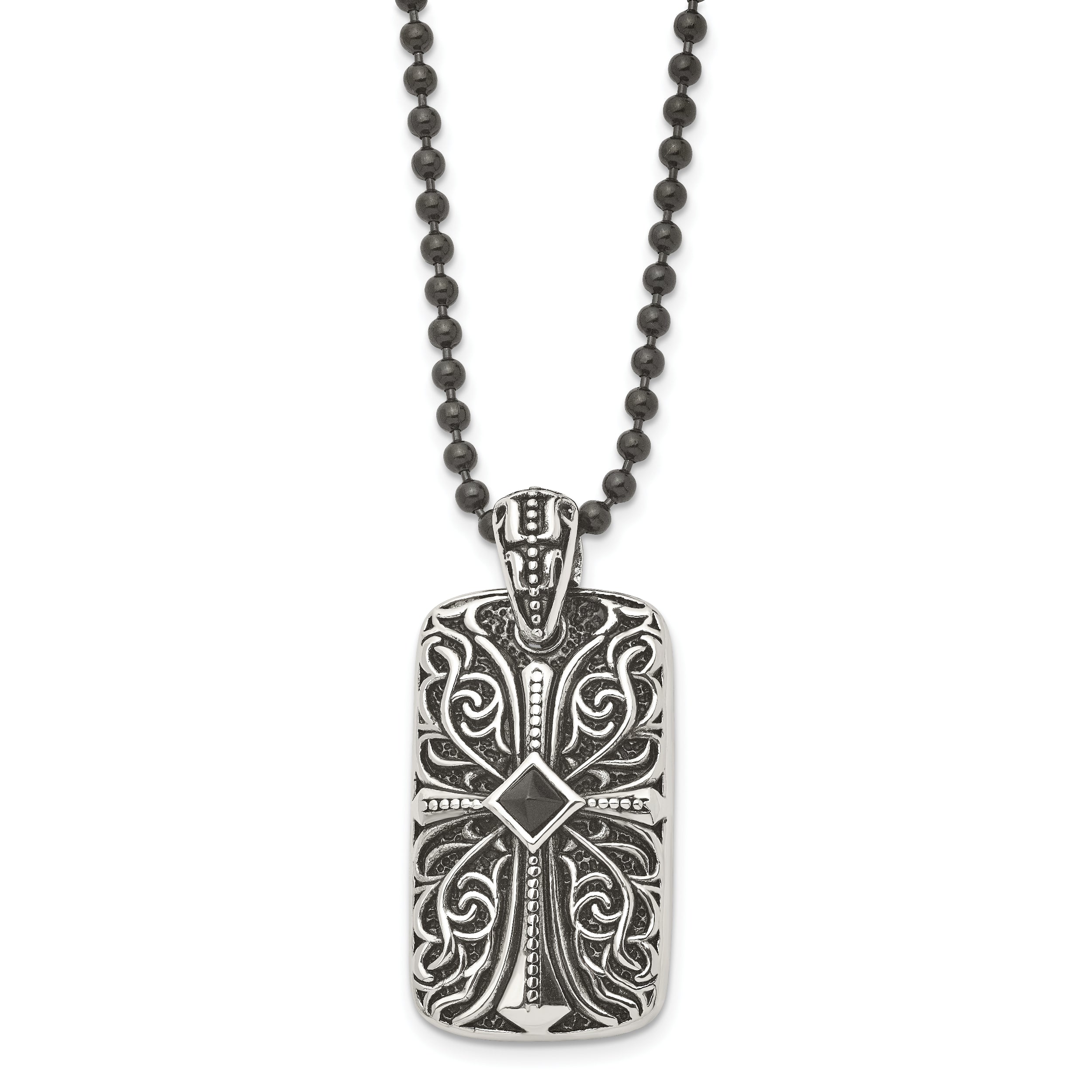 Stainless Steel Antiqued and Polished w/Black Agate Cross DogTag 30in Neckl