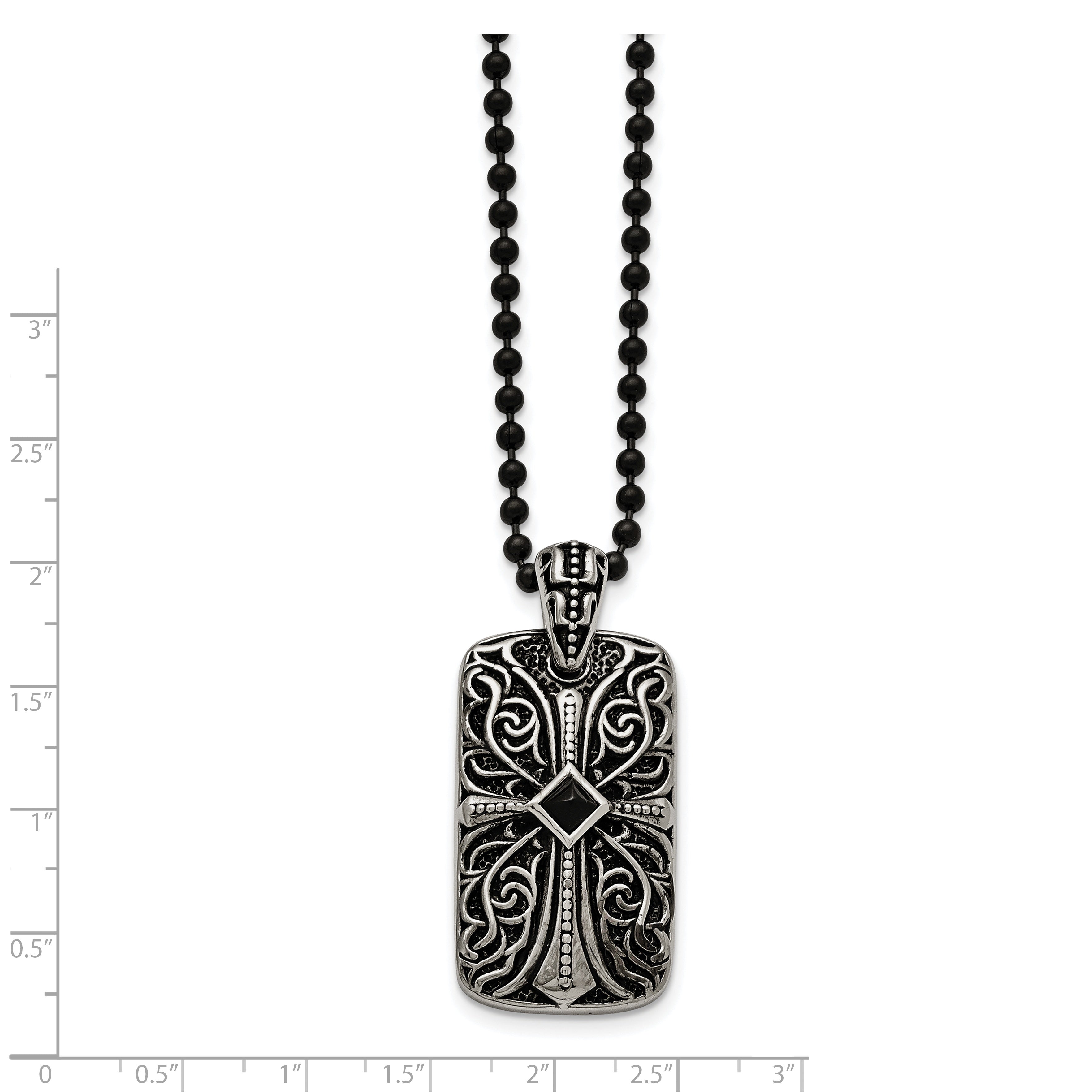 Stainless Steel Antiqued and Polished w/Black Agate Cross DogTag 30in Neckl