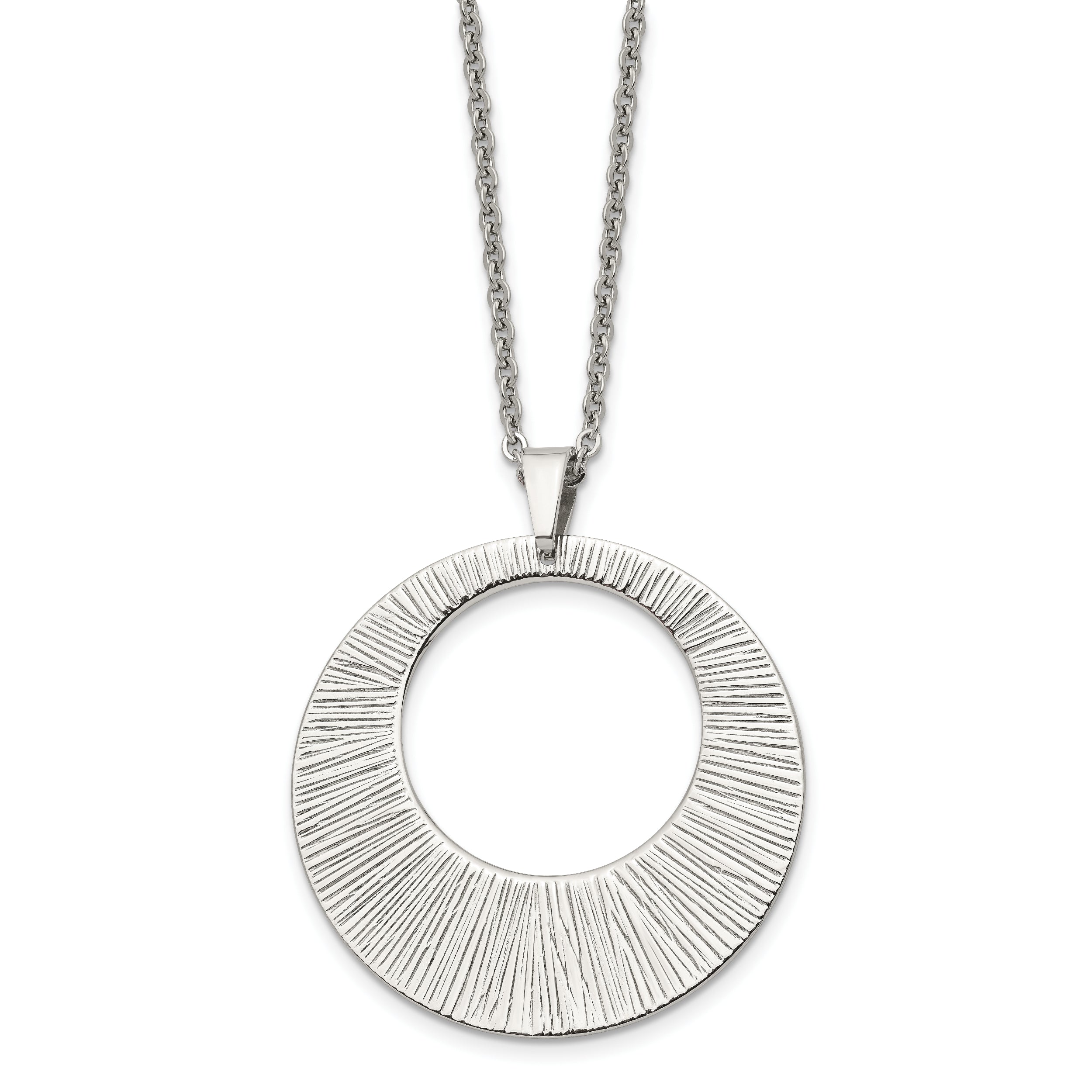 Chisel Stainless Steel Polished and Textured Circle Pendant on a 24 inch Cable Chain Necklace