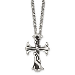 Chisel Stainless Steel Antiqued Polished and Textured Scroll Cross Pendant on a 22 inch Curb Chain Necklace