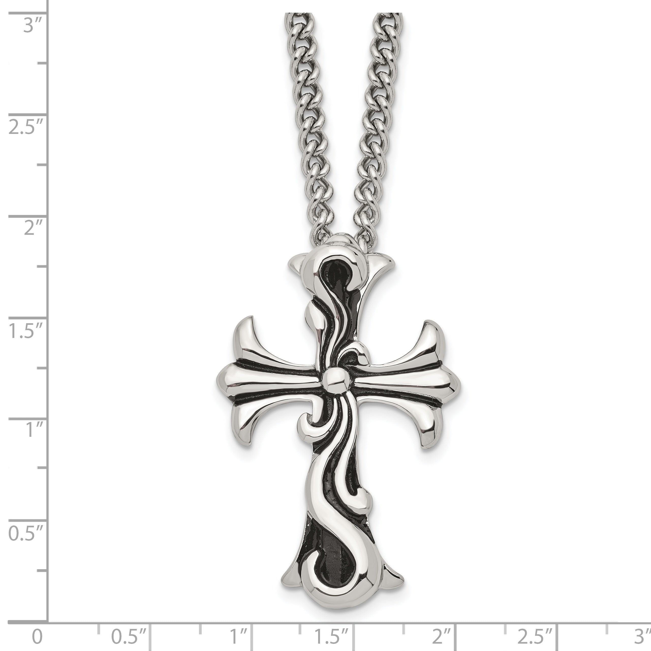 Chisel Stainless Steel Antiqued Polished and Textured Scroll Cross Pendant on a 22 inch Curb Chain Necklace