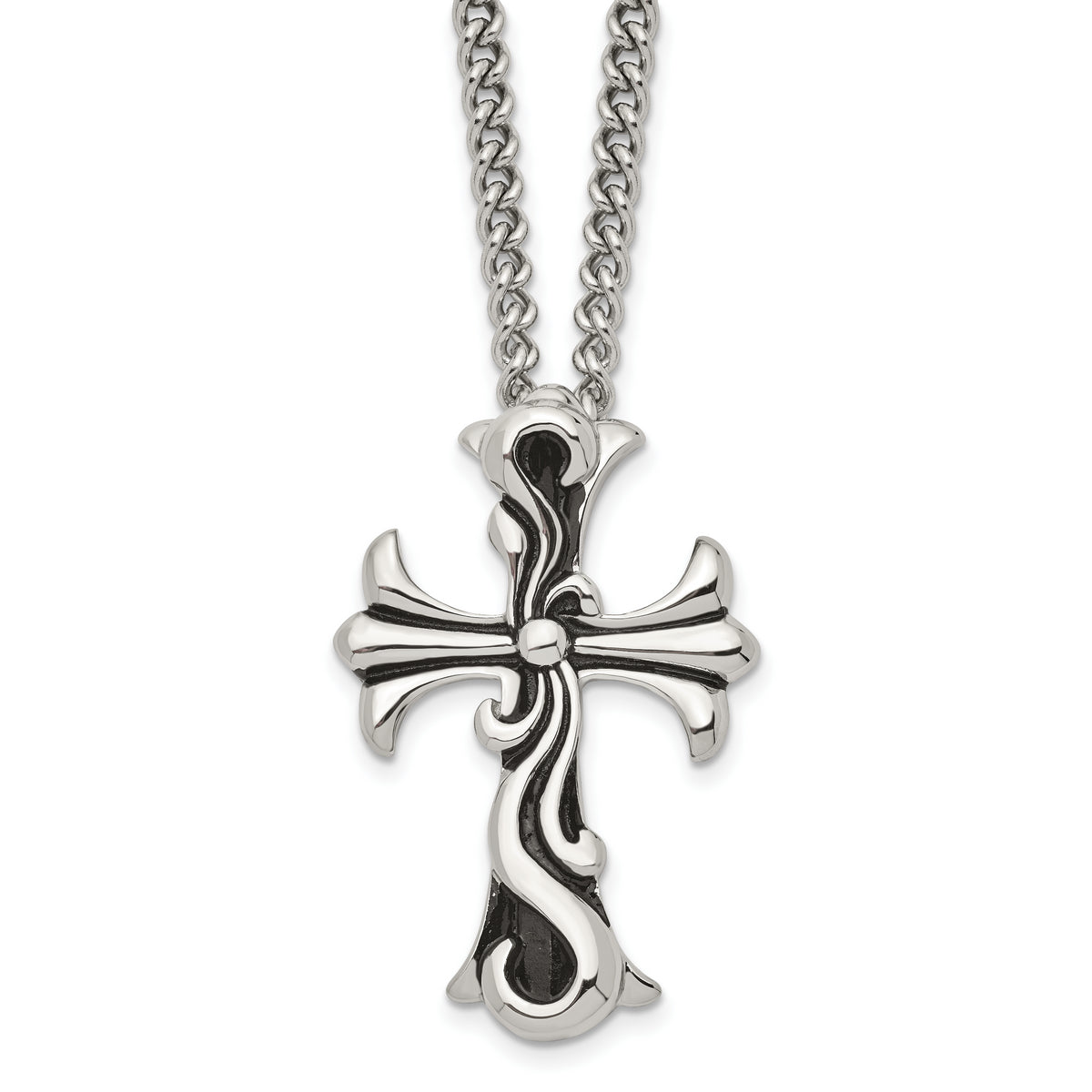 Chisel Stainless Steel Antiqued Polished and Textured Scroll Cross Pendant on a 22 inch Curb Chain Necklace