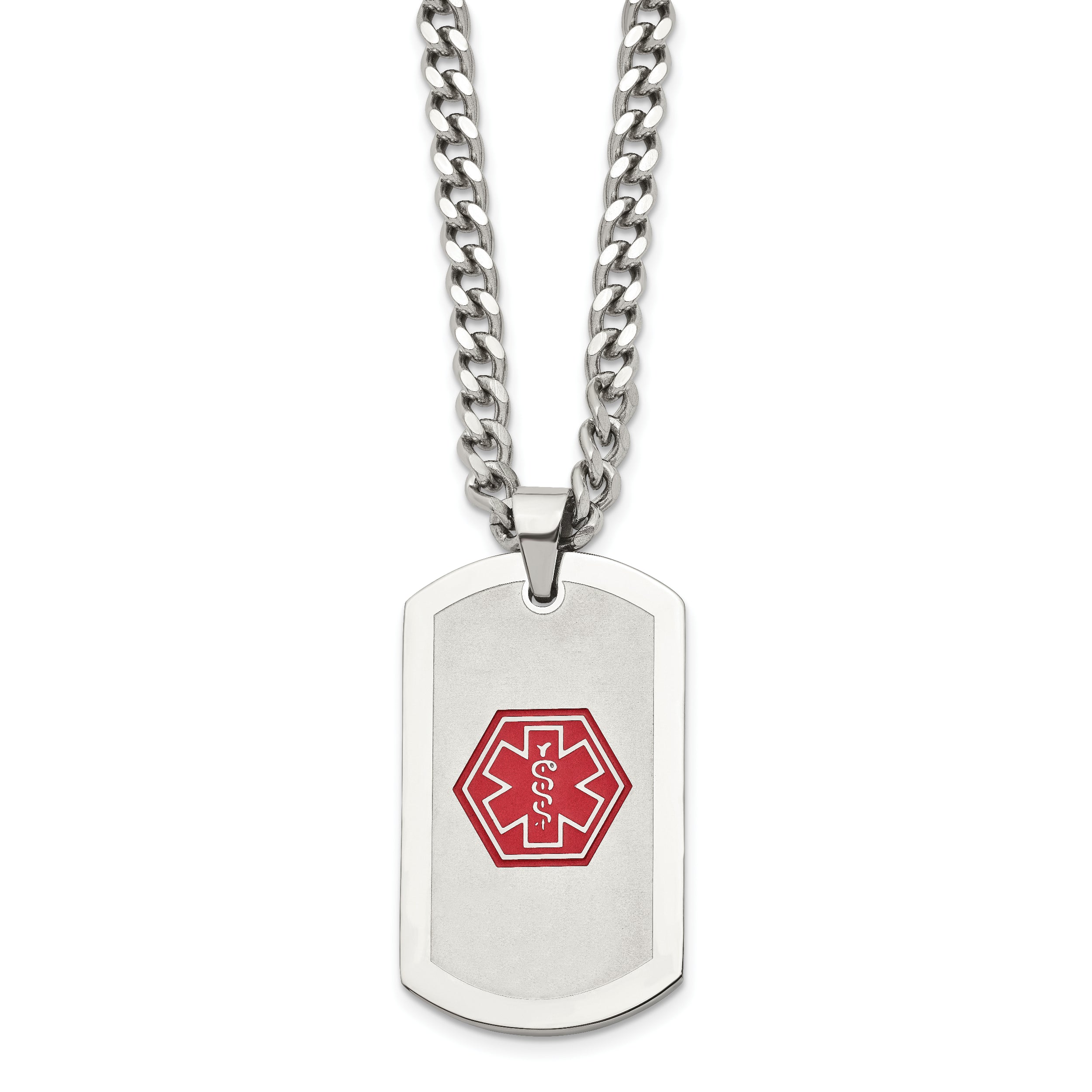 Chisel Stainless Steel Brushed and Polished with Red Enamel Medical ID Dog Tag on a 30 inch Curb Chain Necklace