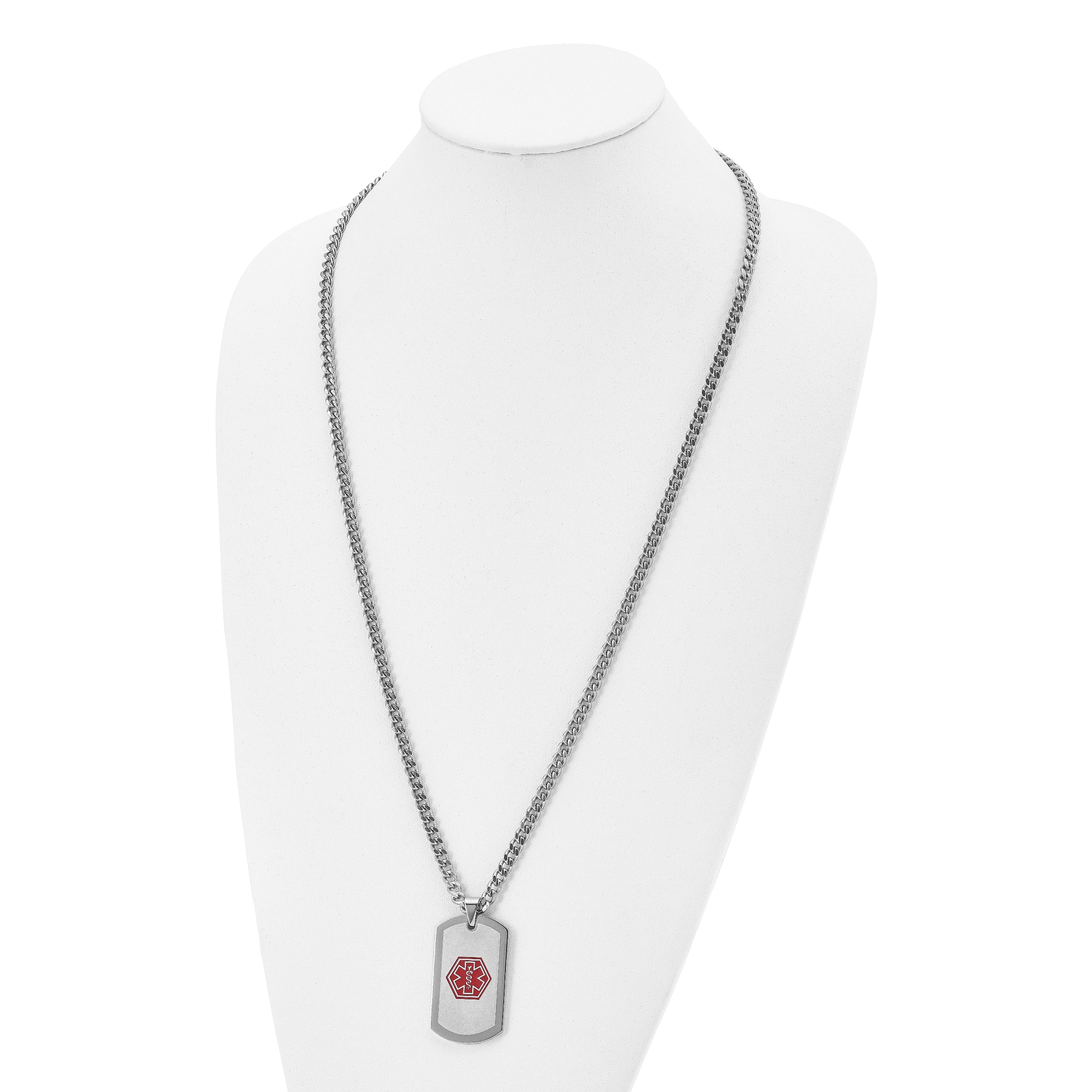 Chisel Stainless Steel Brushed and Polished with Red Enamel Medical ID Dog Tag on a 30 inch Curb Chain Necklace