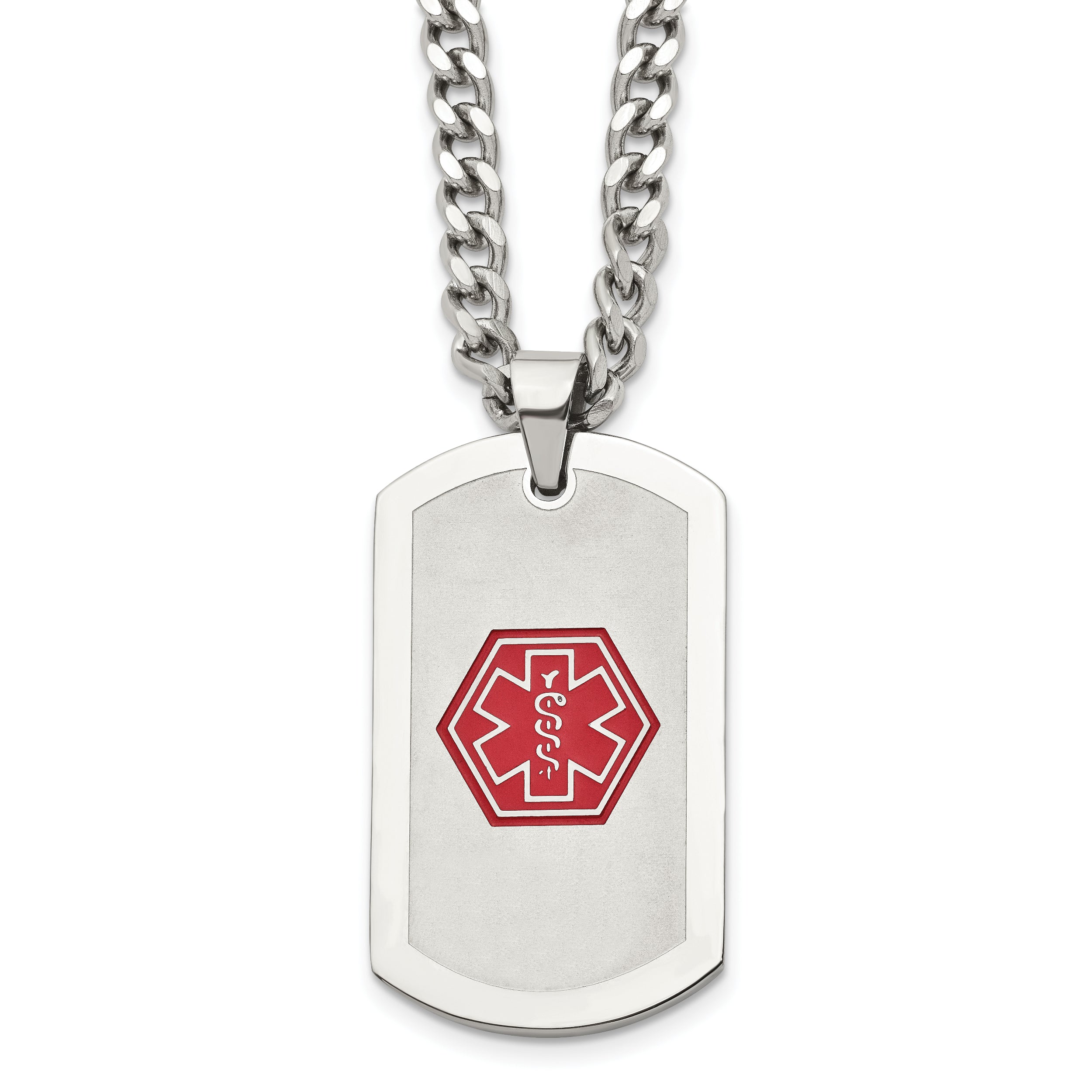 Chisel Stainless Steel Brushed and Polished with Red Enamel Medical ID Dog Tag on a 30 inch Curb Chain Necklace